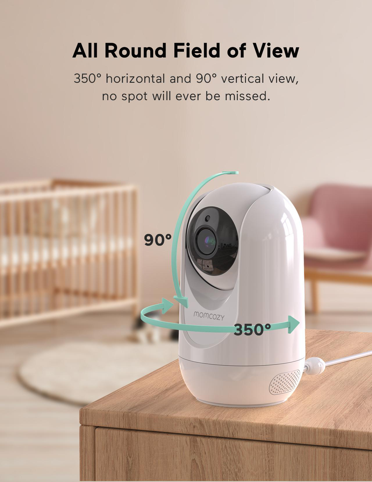 Weißer Babyphone mit 350-Grad-Ansicht auf Holztisch.