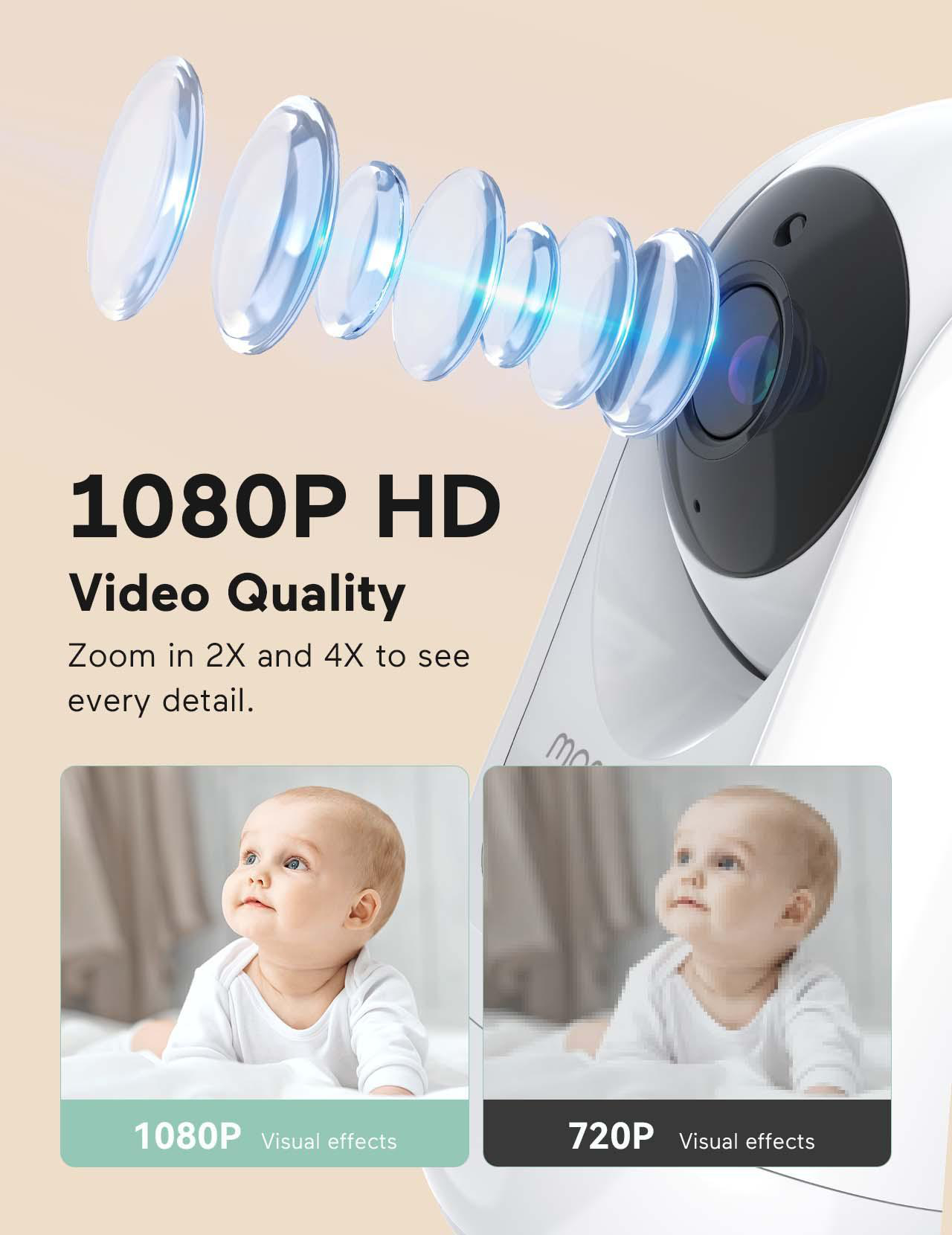 Ein Babyphone mit zwei Bildern eines Babys, eines in 1080P HD und das andere in 720P.