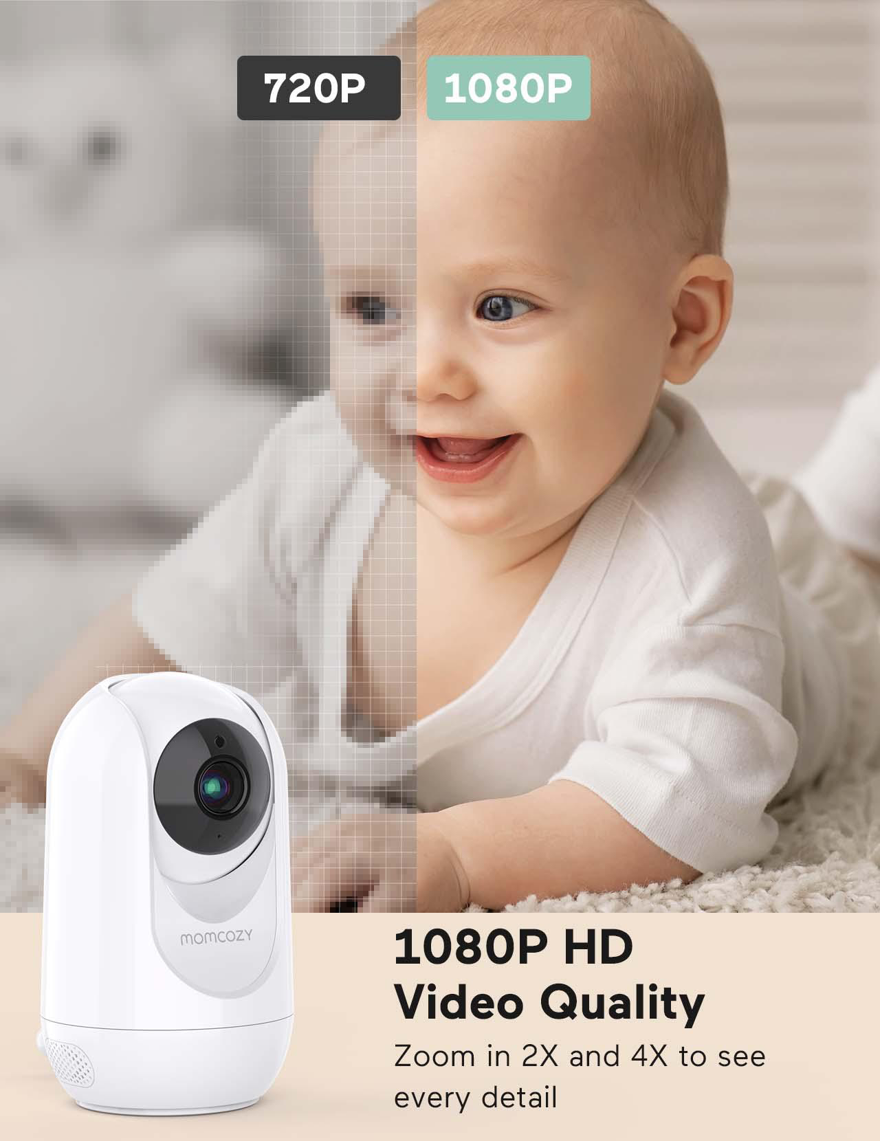 Baby und Babyphone. Das Babyphone zeigt 720p und 1080p Qualitätsvergleich.