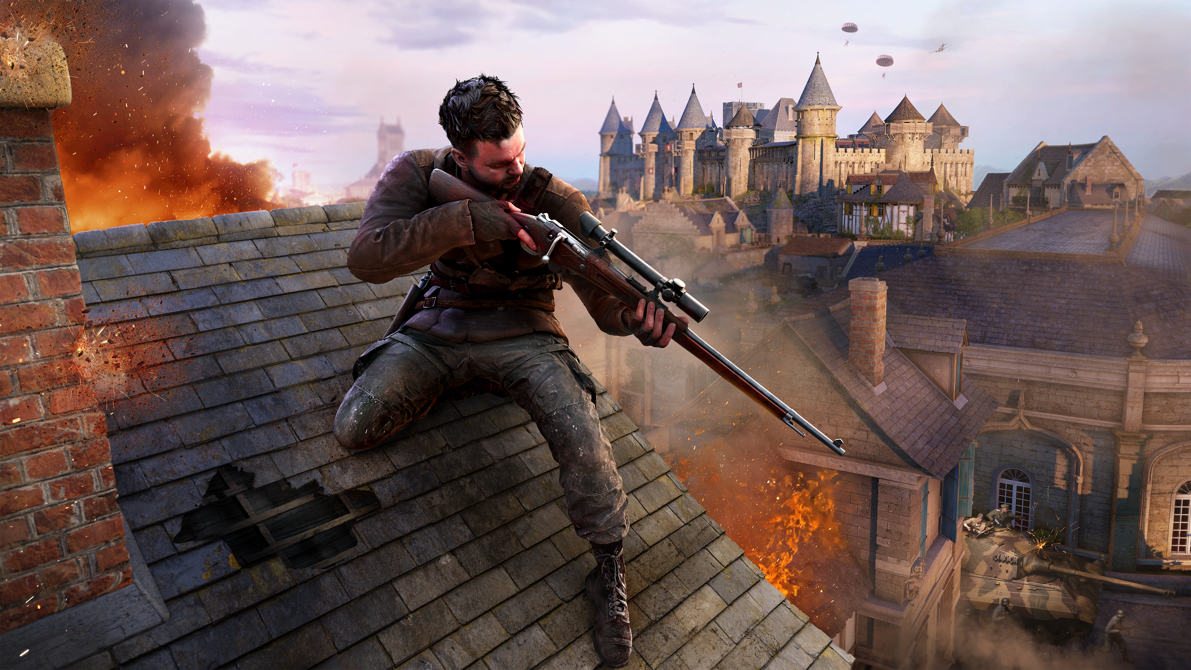 Ein Scharfschütze auf einem Dach, der ein Gewehr anvisiert, mit brennenden Gebäuden und Burg.