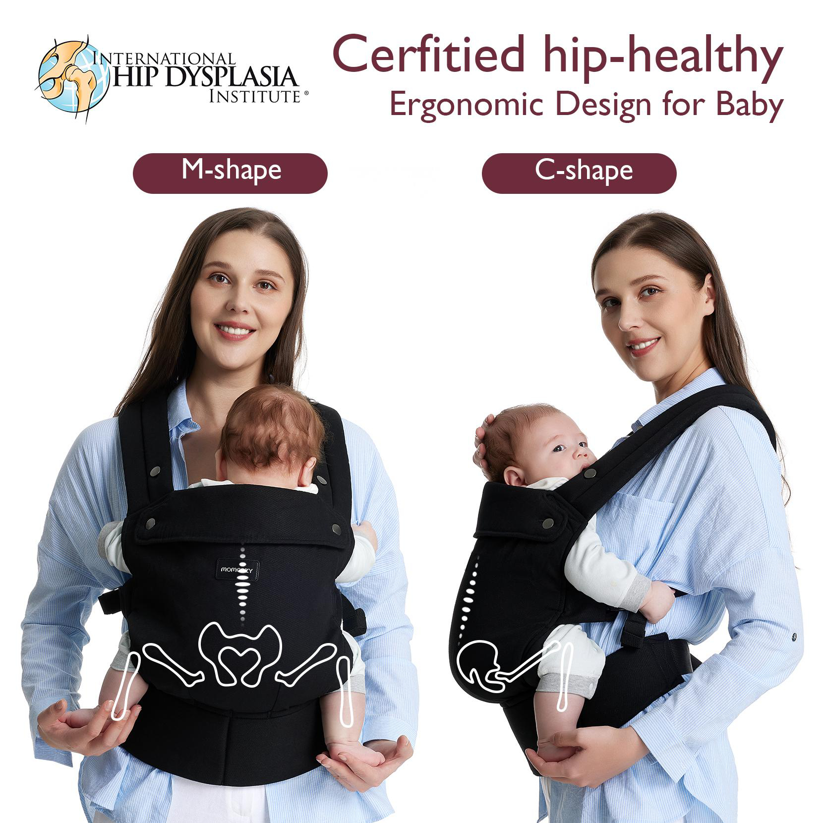 Zwei Frauen halten Babys in Tragen. Eines hat das Baby in M-Form, das andere in C-Form.