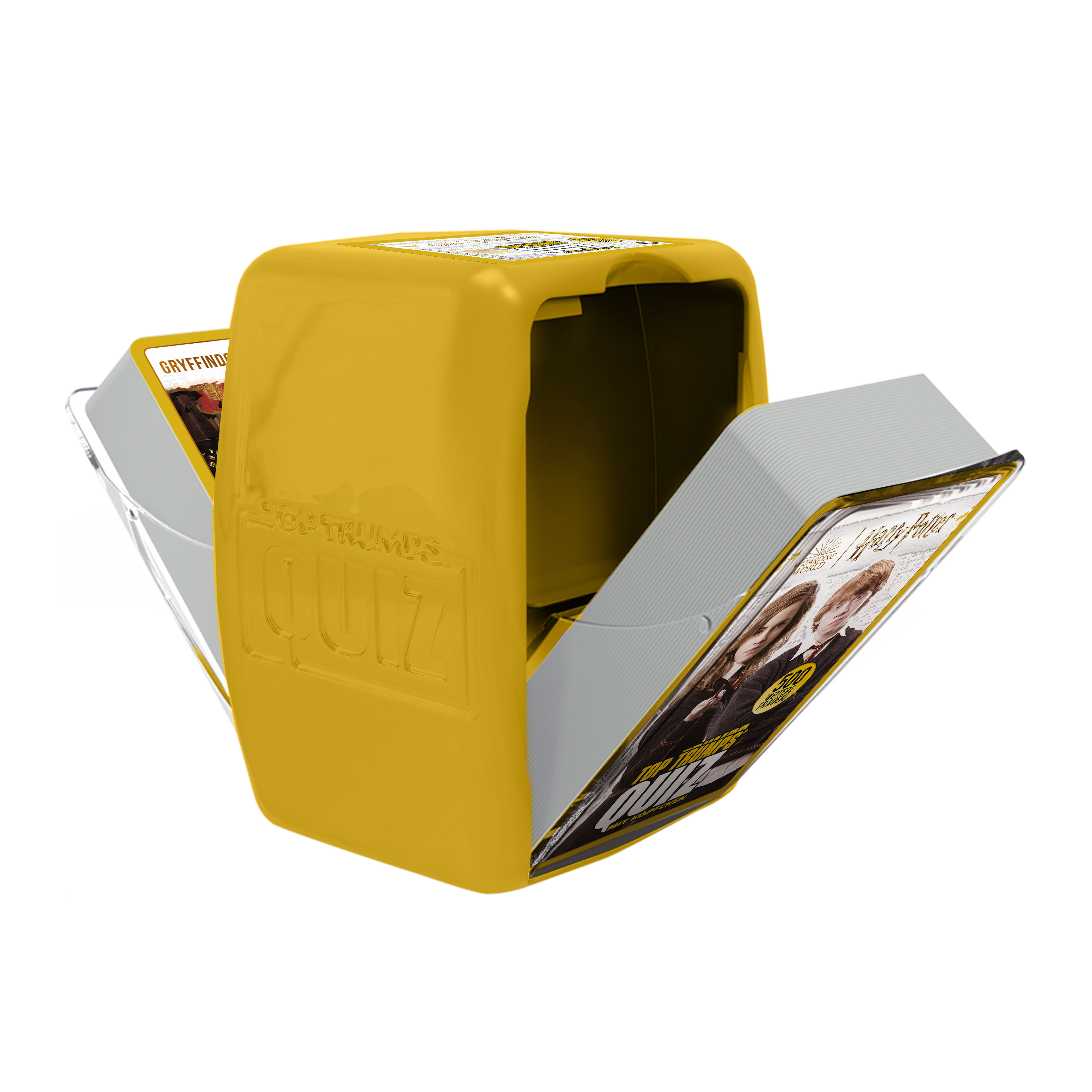 Gelbe Top Trumps Quizspielbox, geöffnet. Die Kartenspiele sind mit Harry-Potter-Charakteren sichtbar.