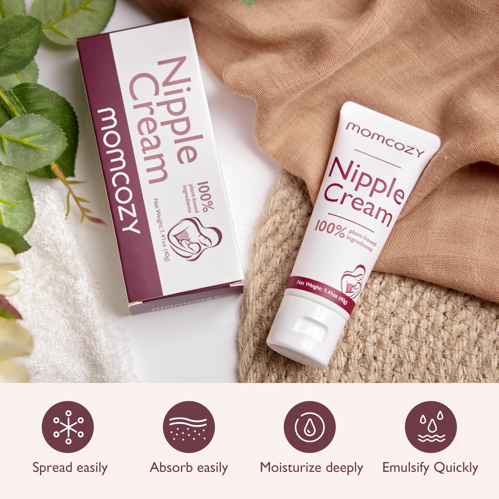 Schachtel und Tube Brustwarzencreme von momcozy. Vier Symbole zeigen Produktvorteile.