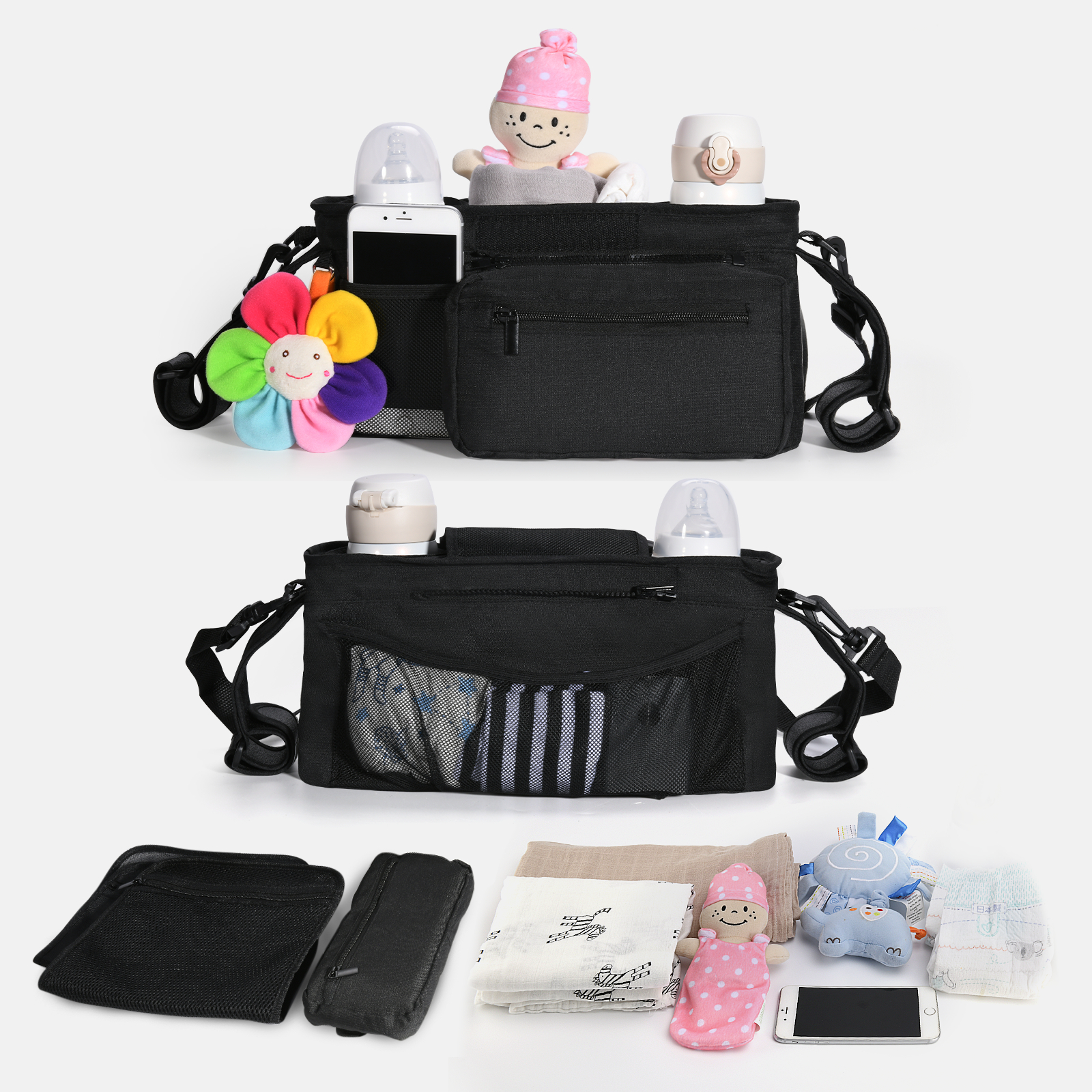 Zwei schwarze Wickeltaschen mit Babyartikeln. Eine ist geöffnet, eine ist geschlossen.