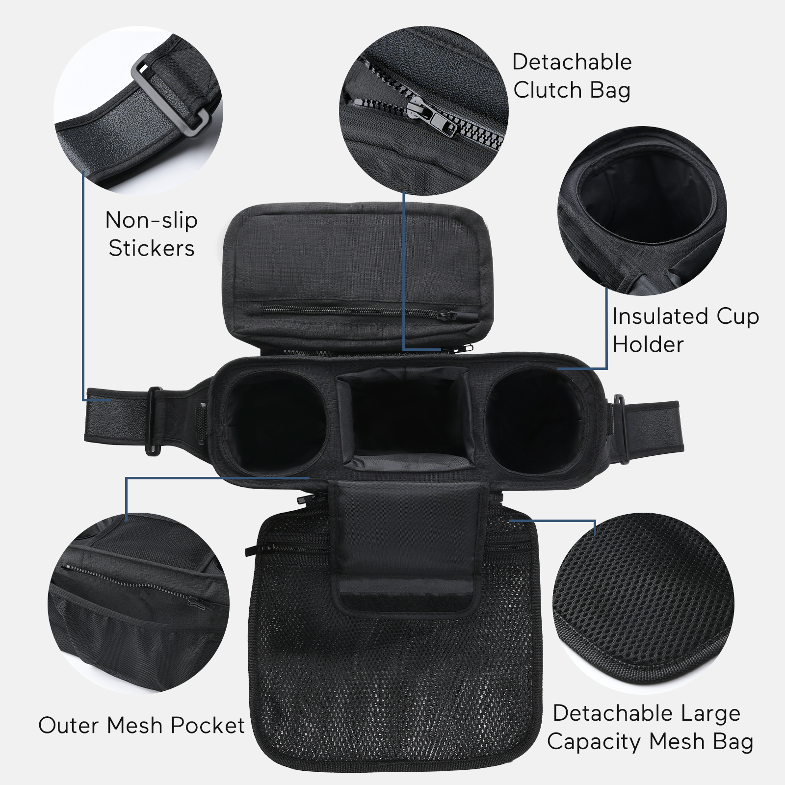 Schwarzer Windeltaschen-Organizer mit Taschen. Abnehmbare Clutch-Tasche, isolierter Getränkehalter...