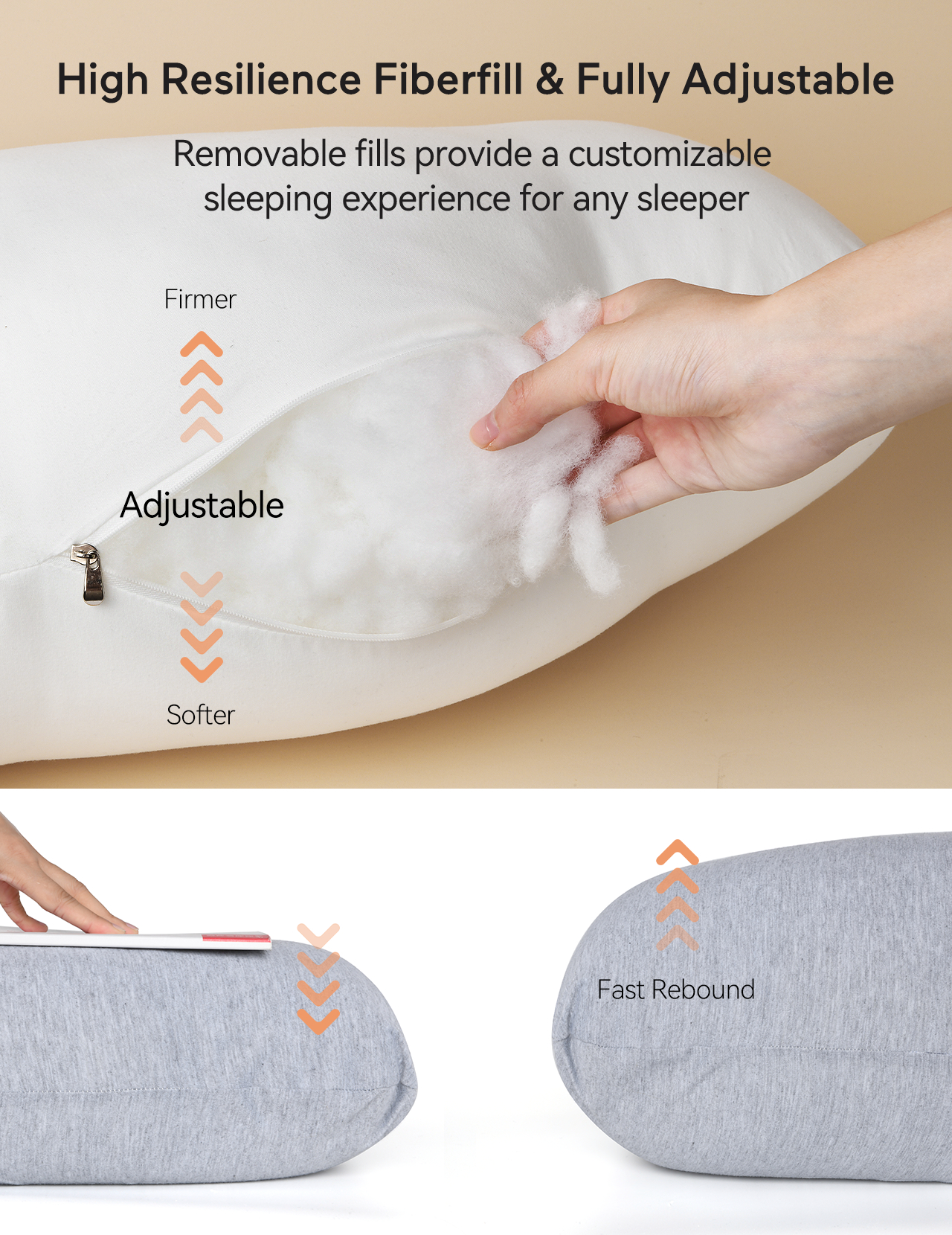 Kissen mit verstellbarer Füllung. Hand greift hinein, um die Füllung anzupassen.