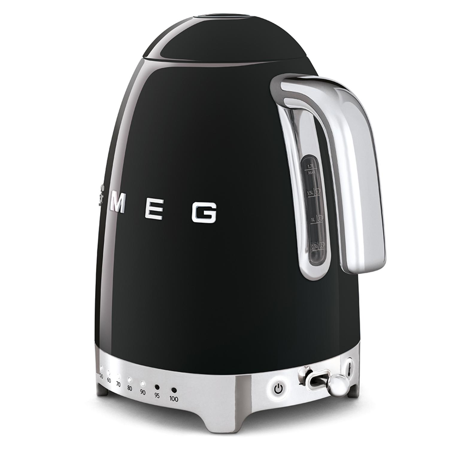 Bouilloire Smeg noire avec base en acier inoxydable et indicateur de niveau d'eau.