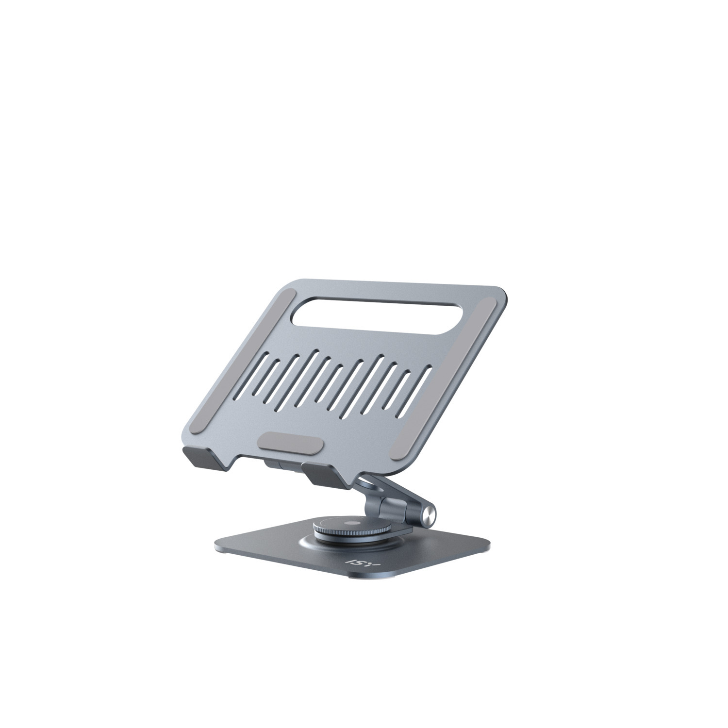 Silver laptop stand on a white background. Adjustable and angled, with a square base.