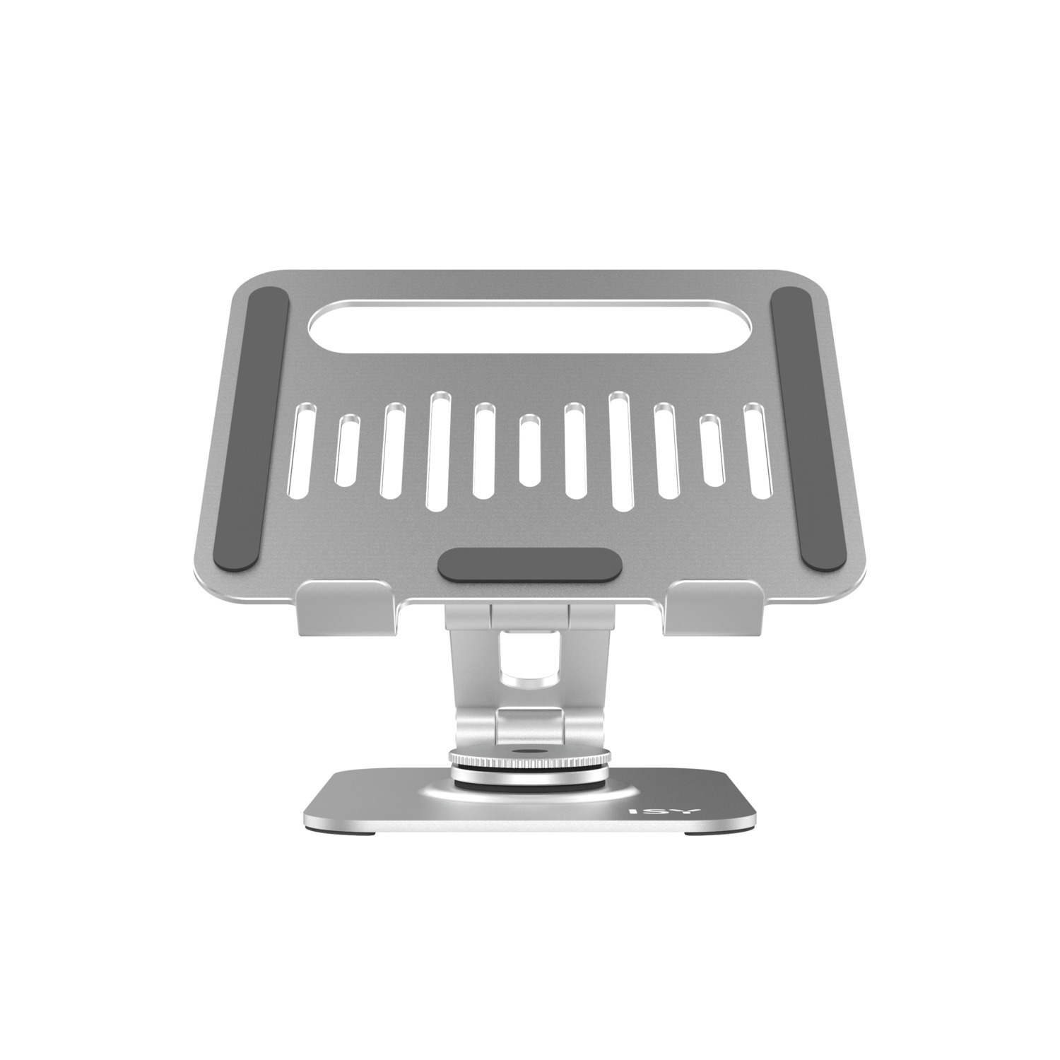 A silver laptop stand with a slotted top and adjustable base, isolated on white.