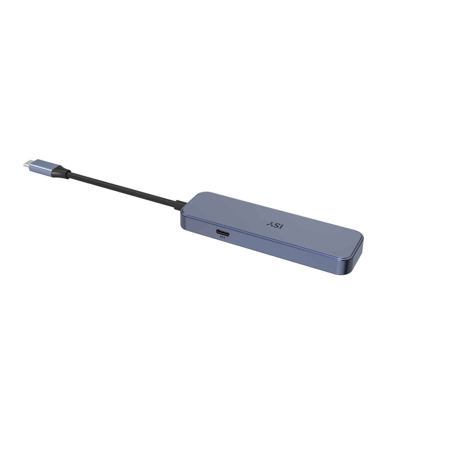 Hub USB-C bleu, avec ports USB-C et USB, fond blanc.
