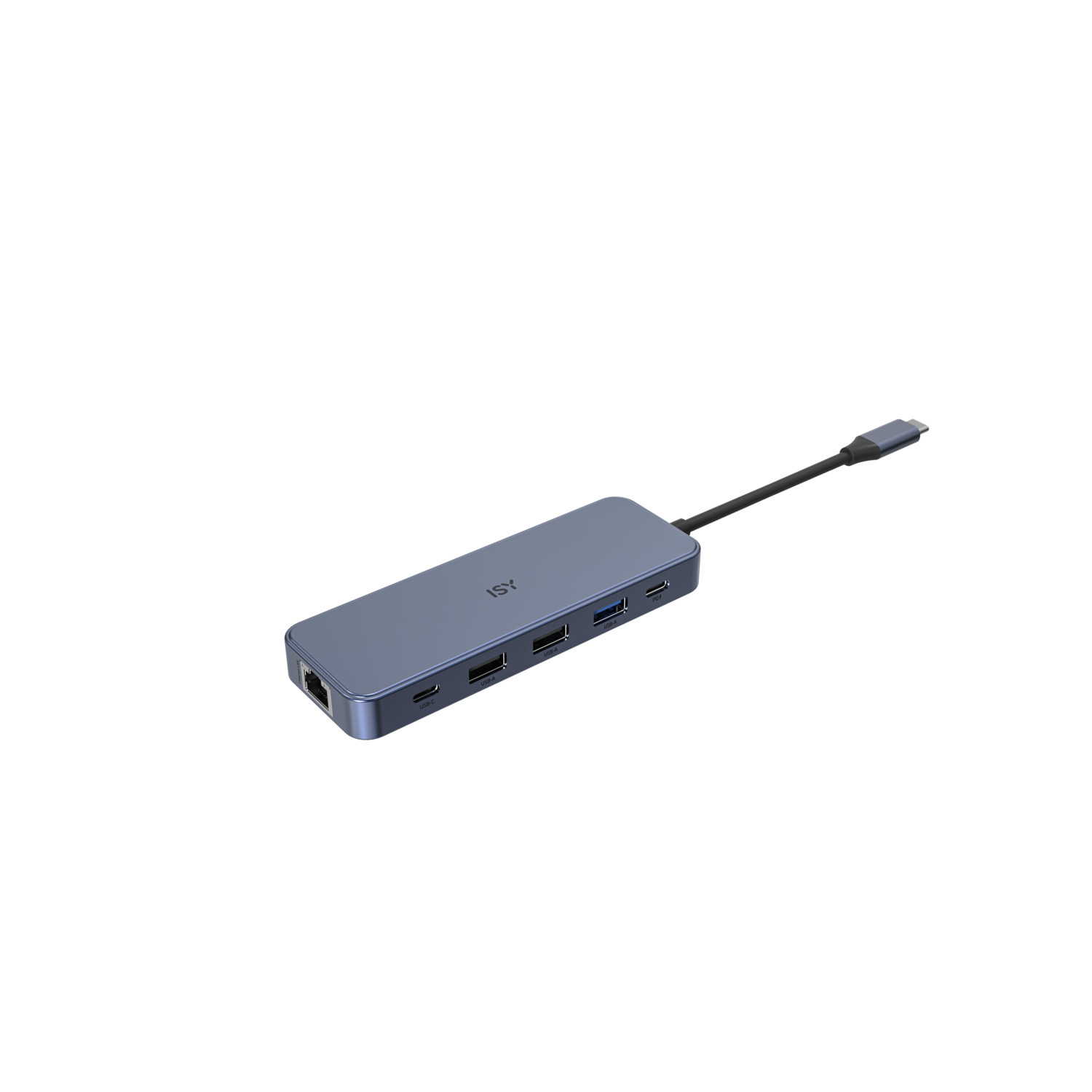 Hub USB-C ISY bleu avec plusieurs ports sur fond blanc.