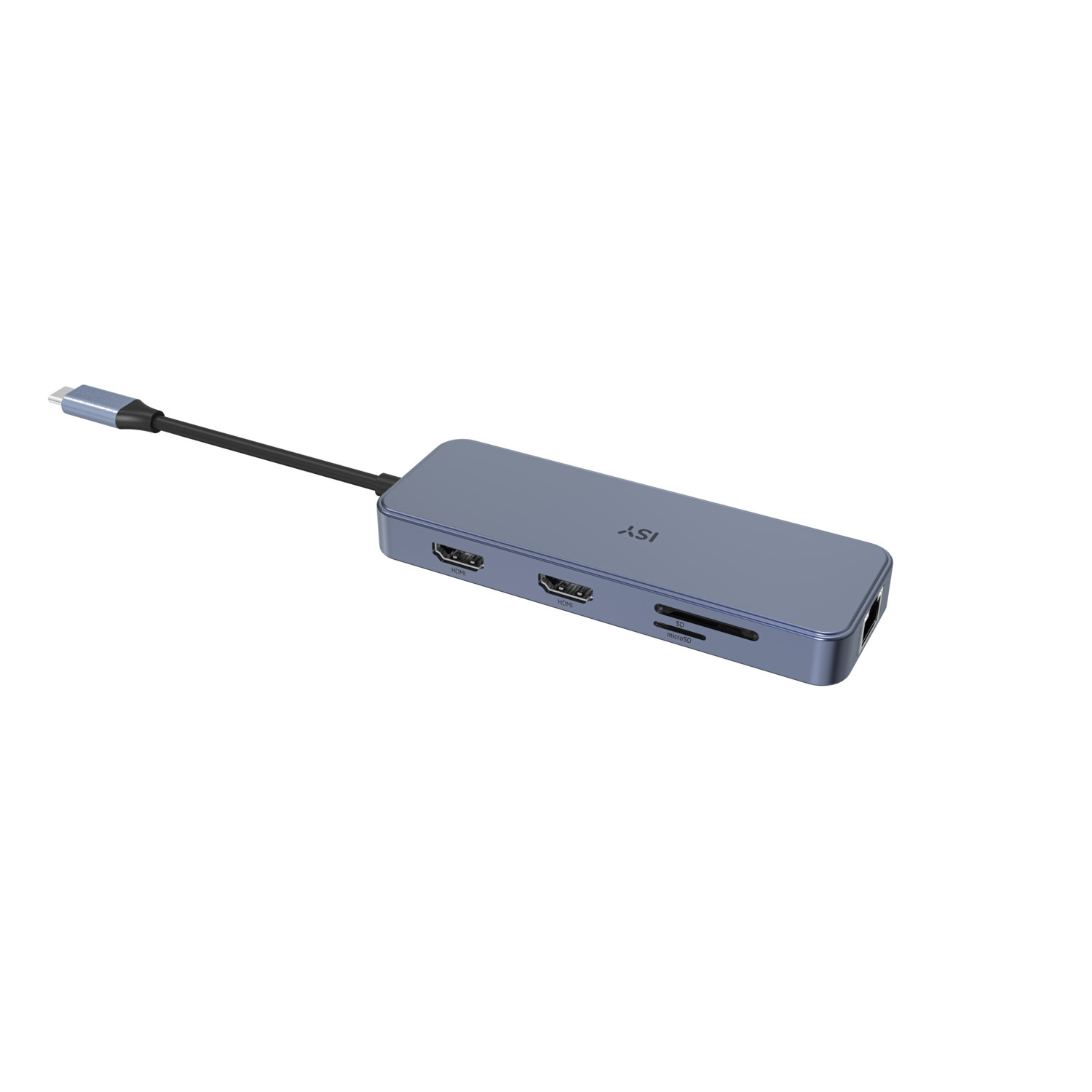 Un hub USB bleu et gris avec plusieurs ports, dont HDMI et un lecteur de cartes, sur fond blanc.