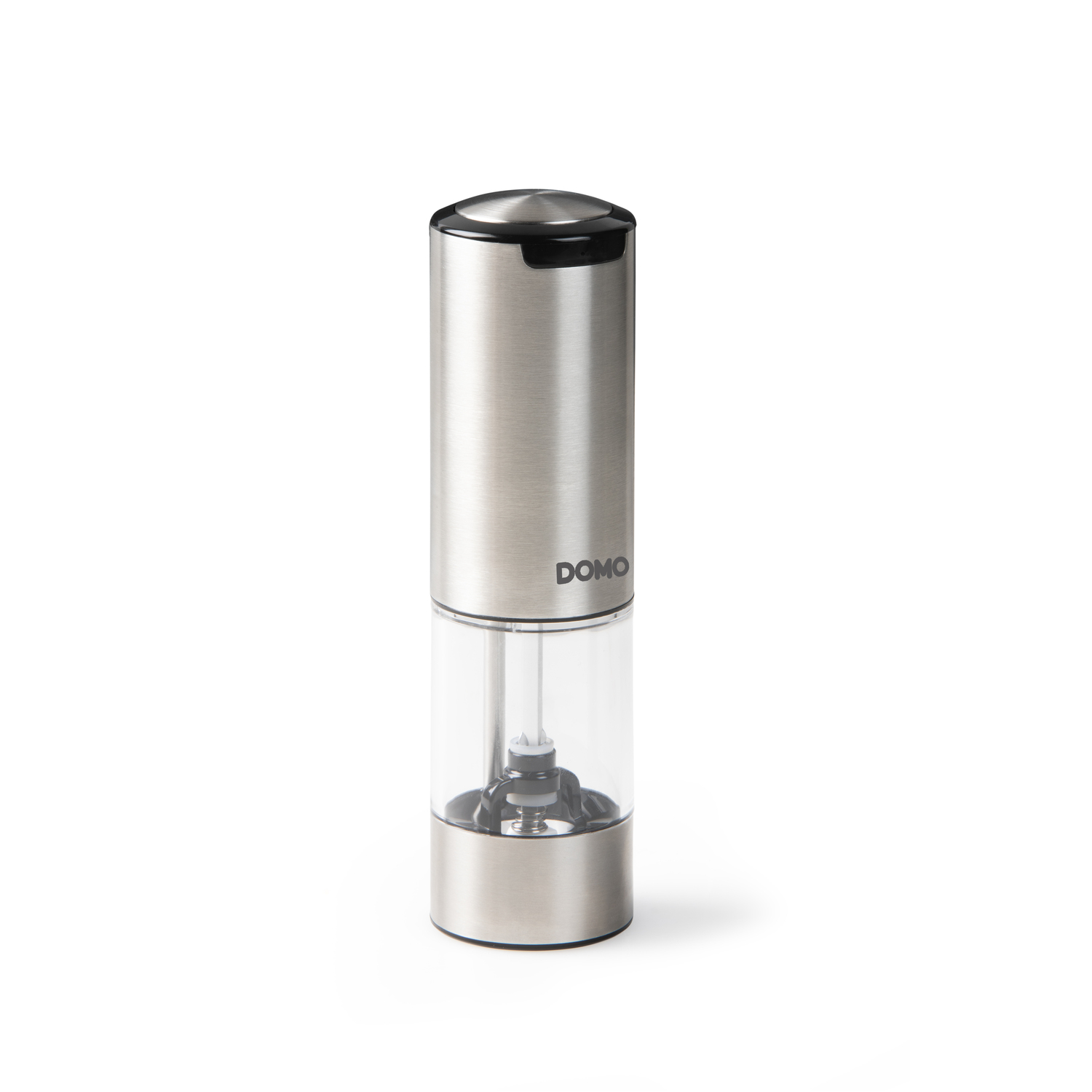 A silver and black electric pepper grinder. It stands on a white background.