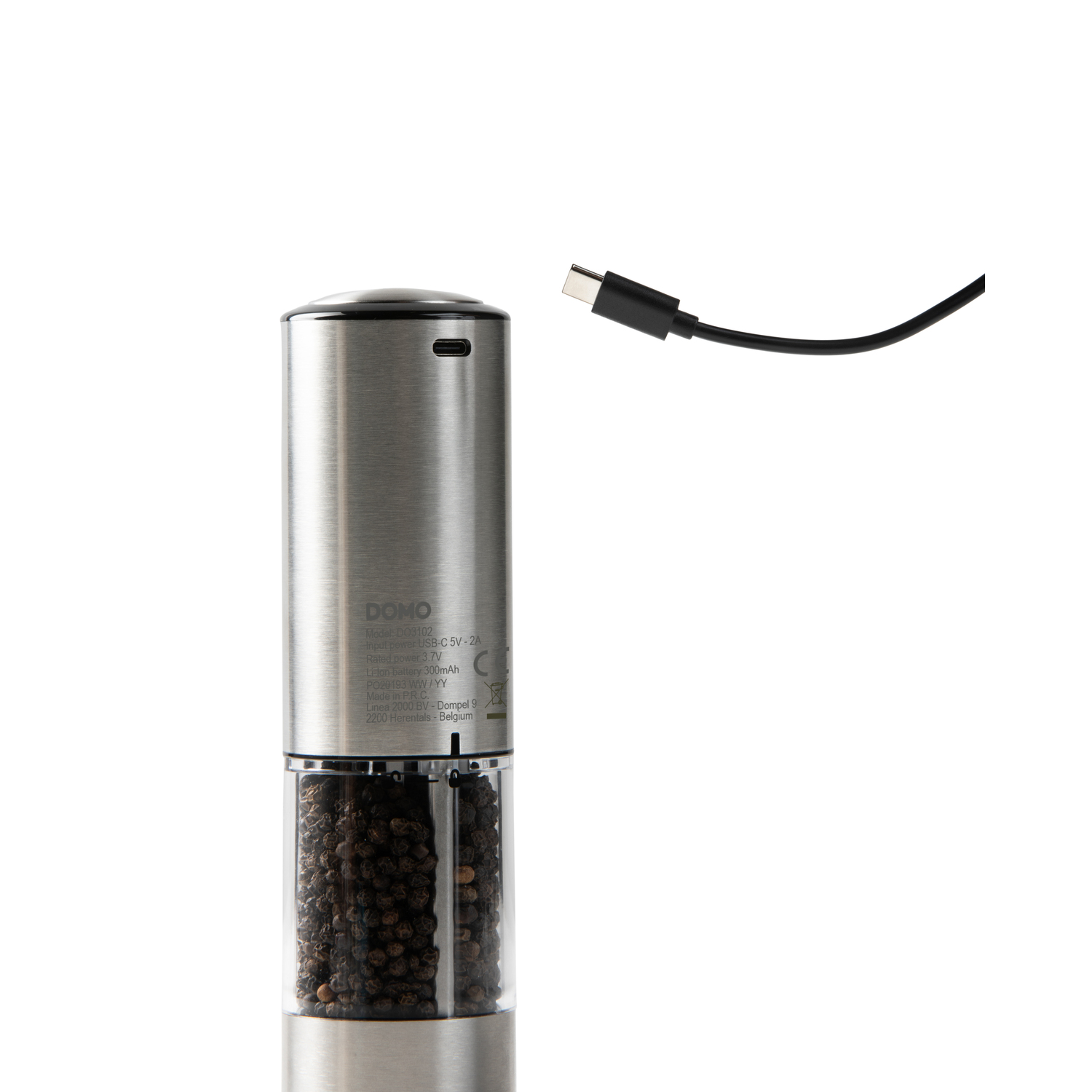Stainless steel electric pepper grinder with charging cable. Black peppercorns visible.