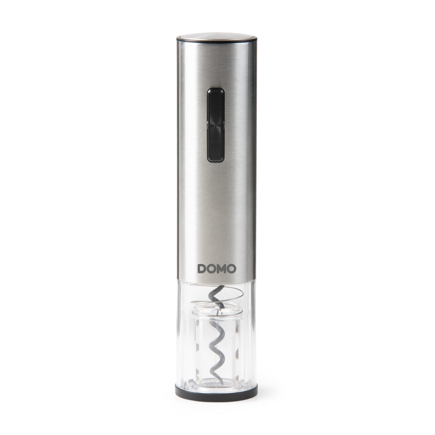 Silver electric wine opener with transparent bottom.