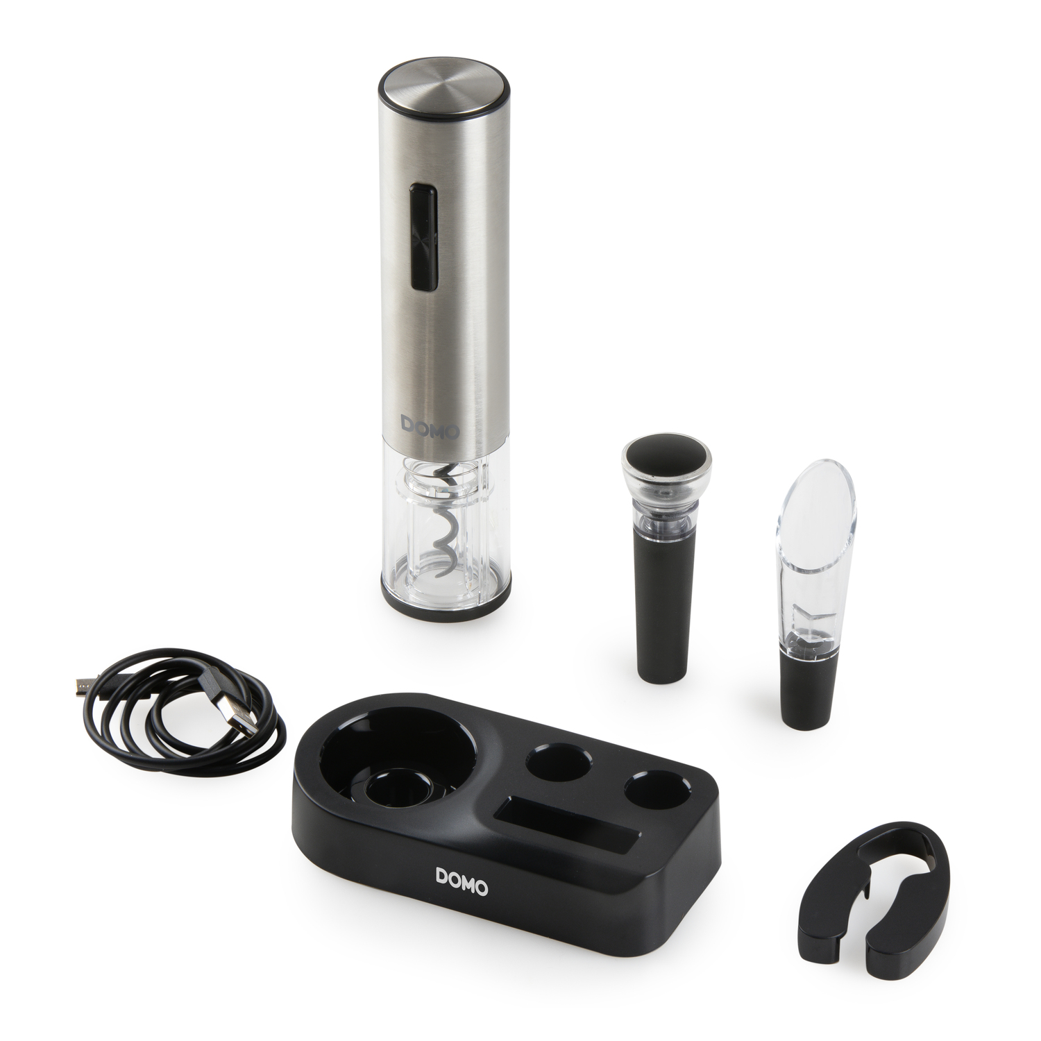A set of wine accessories, including an electric corkscrew and a charging base.