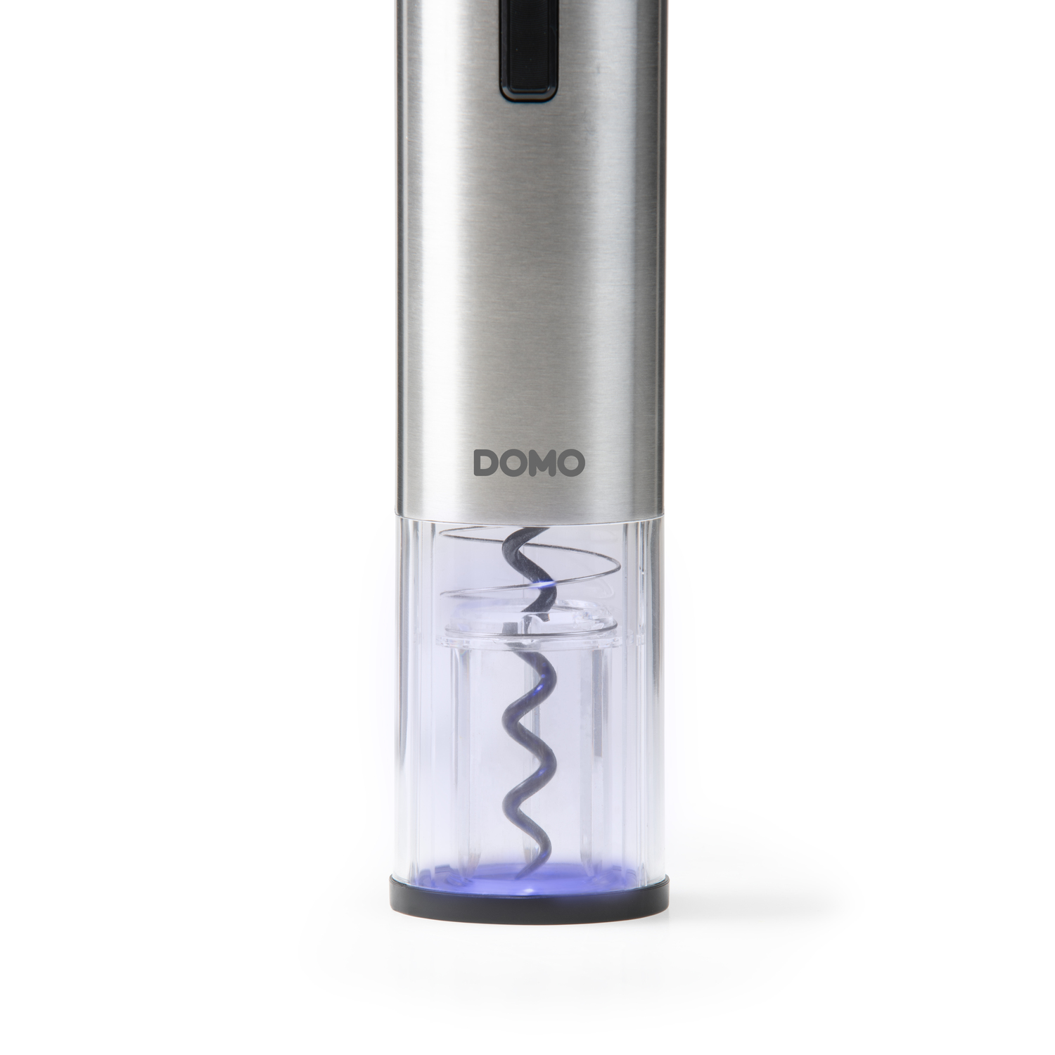 A silver and black electric wine opener with a clear spiral.