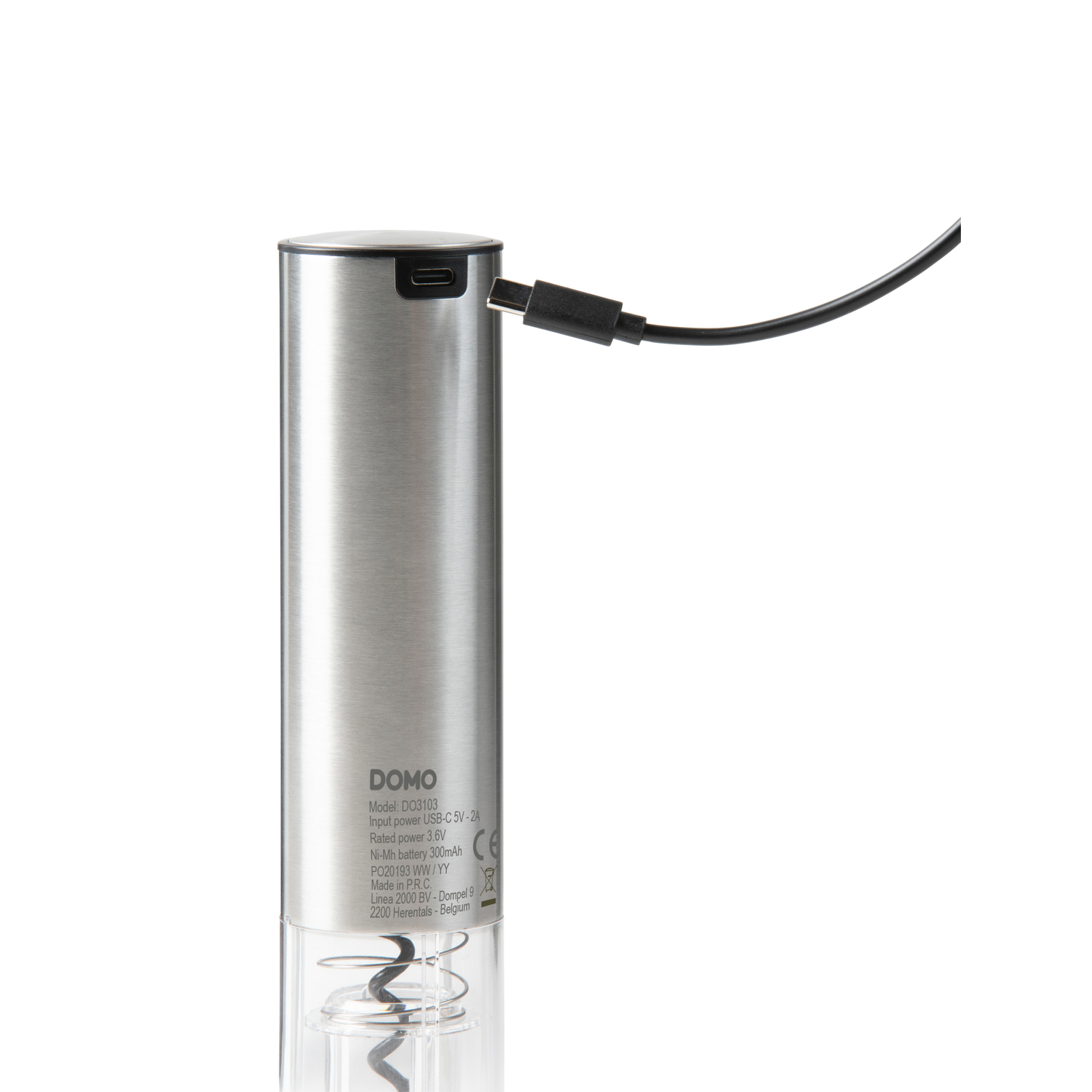 A silver electric wine opener with a black charging cable plugged in, set against a white background.