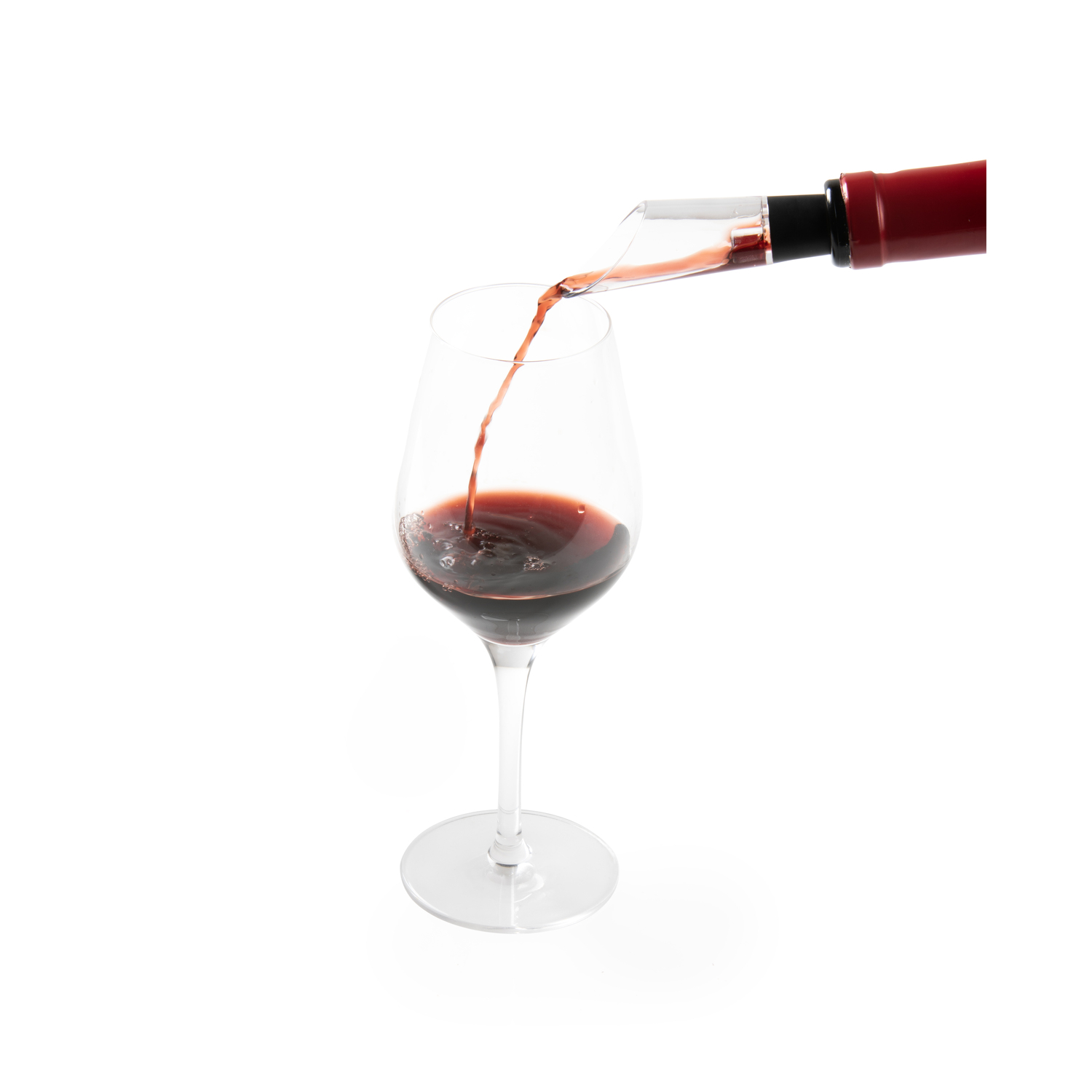 Red wine pouring into a wine glass from a wine aerator. White background.