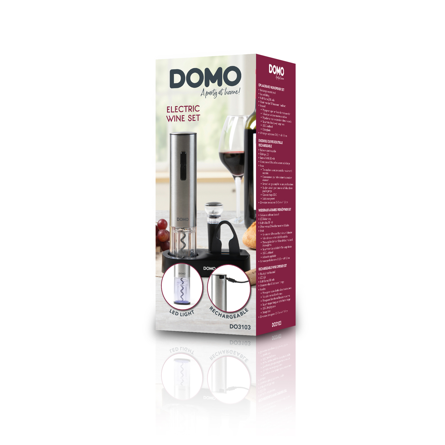 An electric wine set by DOMO, with a bottle, opener, and accessories in a box.