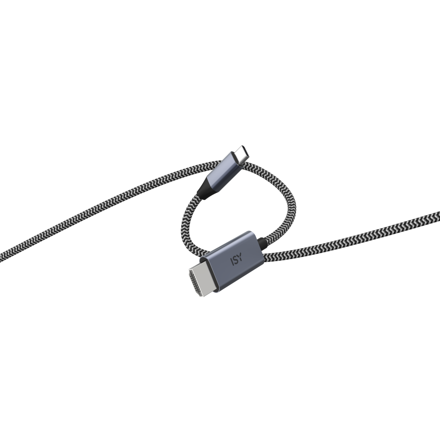 Câble USB-C vers HDMI. Câble tressé noir et gris sur fond noir.