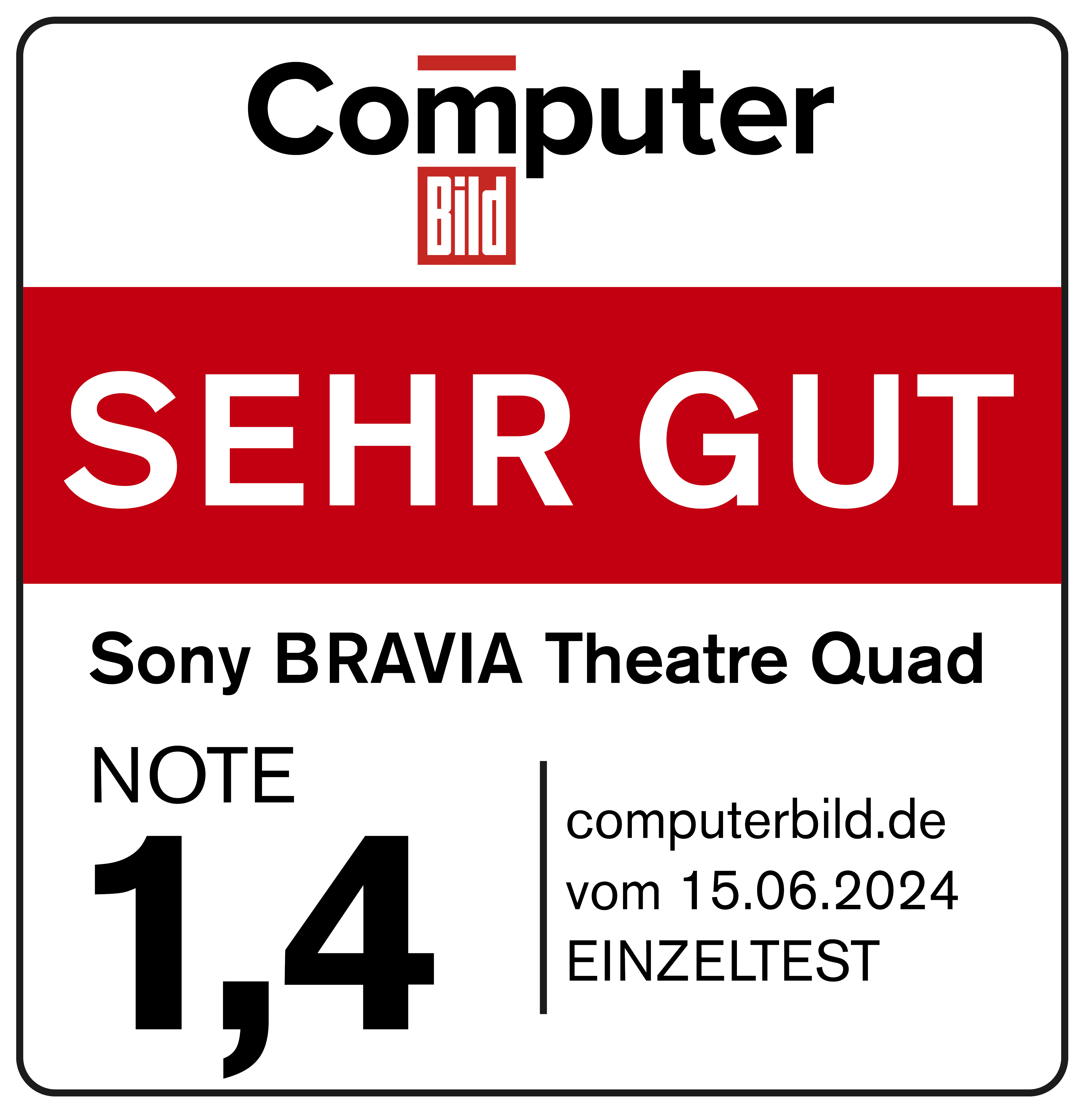 Eine Computer Bild Bewertungsgrafik. 'SEHR GUT' ist rot. Note ist 1,4. Testdatum ist der 15.06.2024.