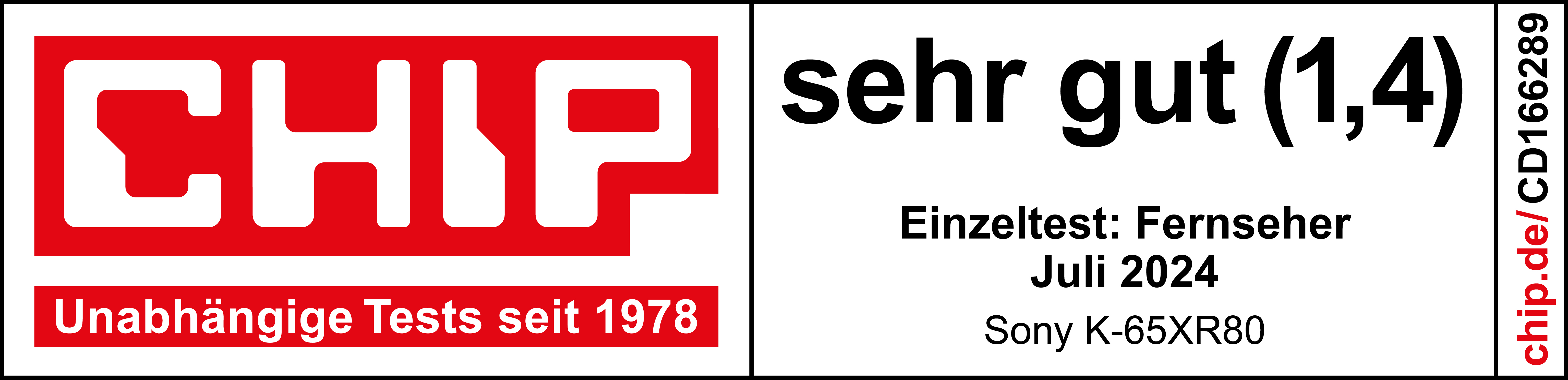 Ein CHIP-Magazin-Cover mit der Überschrift 'Sehr gut (1,4)'. Text sagt 'Unabhängige Tests seit 1978'.