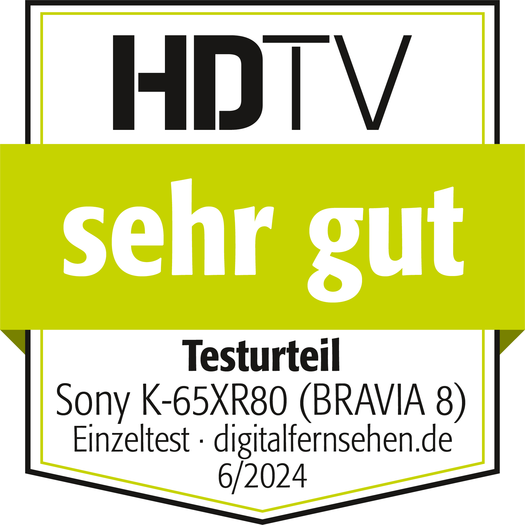 Ein Produkt mit einem Siegel, auf dem HDTV und 'sehr gut' steht.