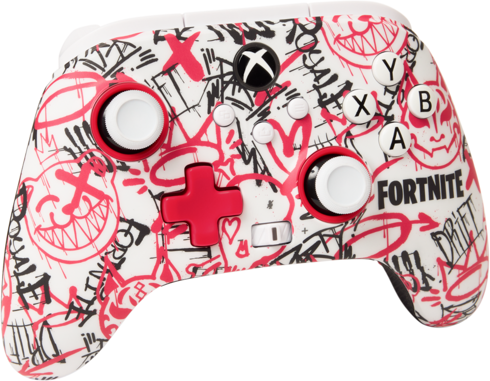 Fehér és piros Fortnite Xbox kontroller graffitis stílusú dizájnnal, fekete gombokkal.