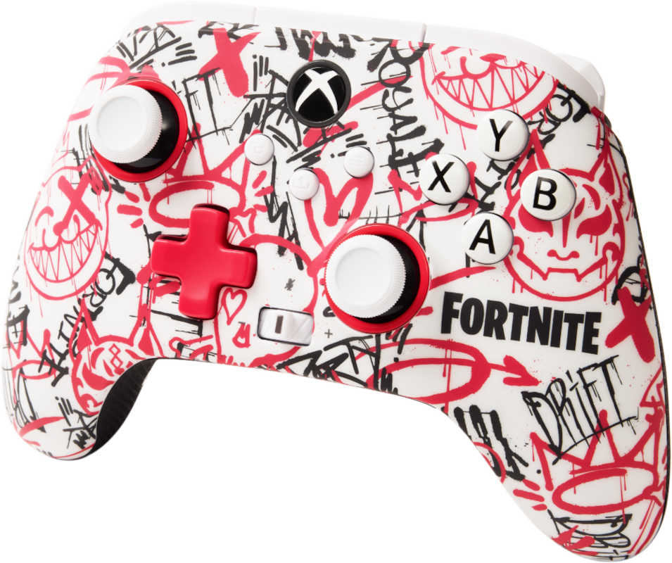 Fortnite Xbox vezérlő. Fehér, piros graffitis mintákkal és Fortnite márkajelzéssel.