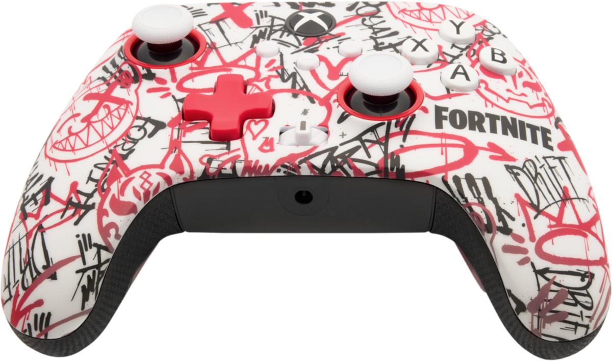 Xbox Fortnite kontroller graffitis művészeti dizájnnal. Fehér gombok és egy piros kereszt látható.