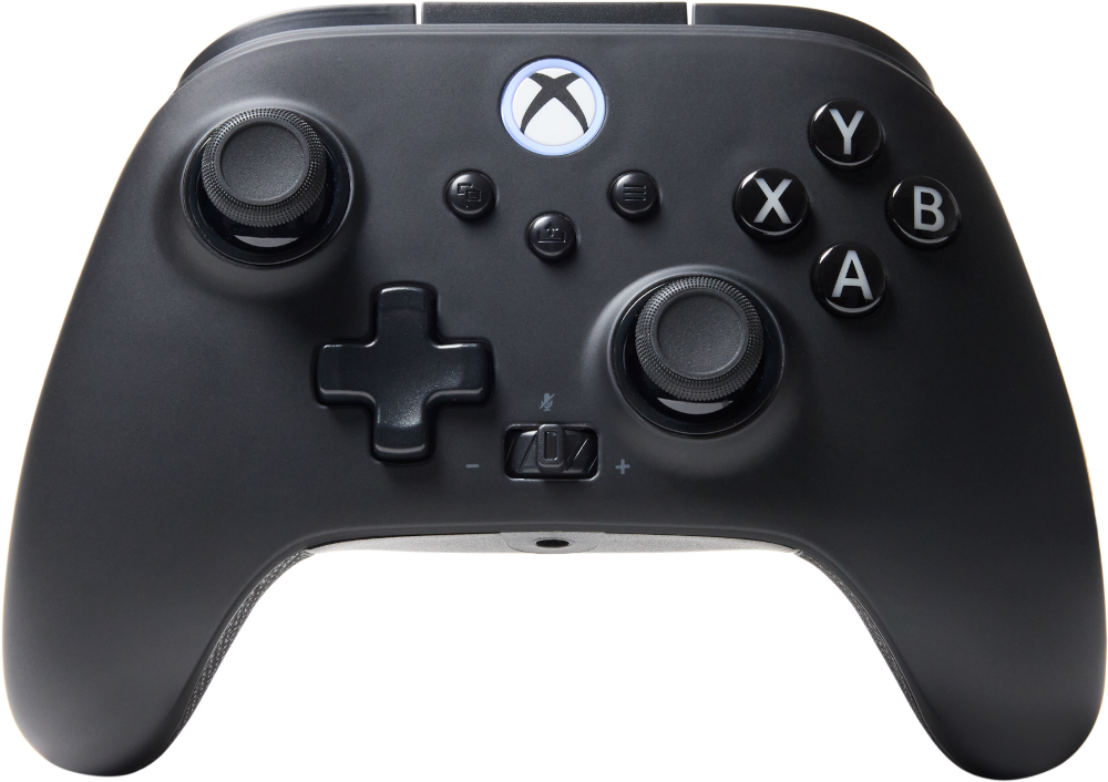 Fekete Xbox-kontroller, látható gombokkal és joystick-okkal, fekete háttér, felülnézet.