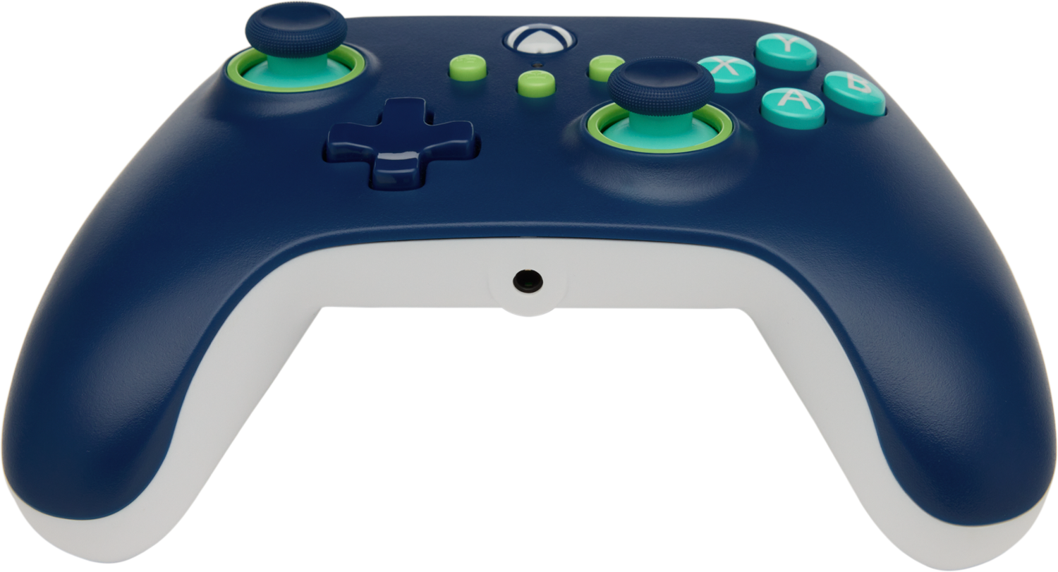 Xbox kontroller, sötétkék testtel, fehér aljjal, zöld és kék gombokkal.