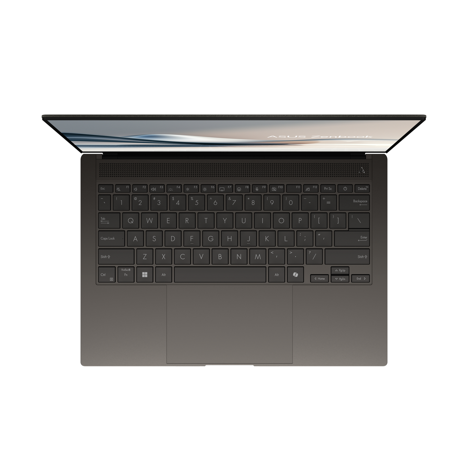 Una vista cenital de un portátil ASUS Zenbook con la pantalla abierta.
