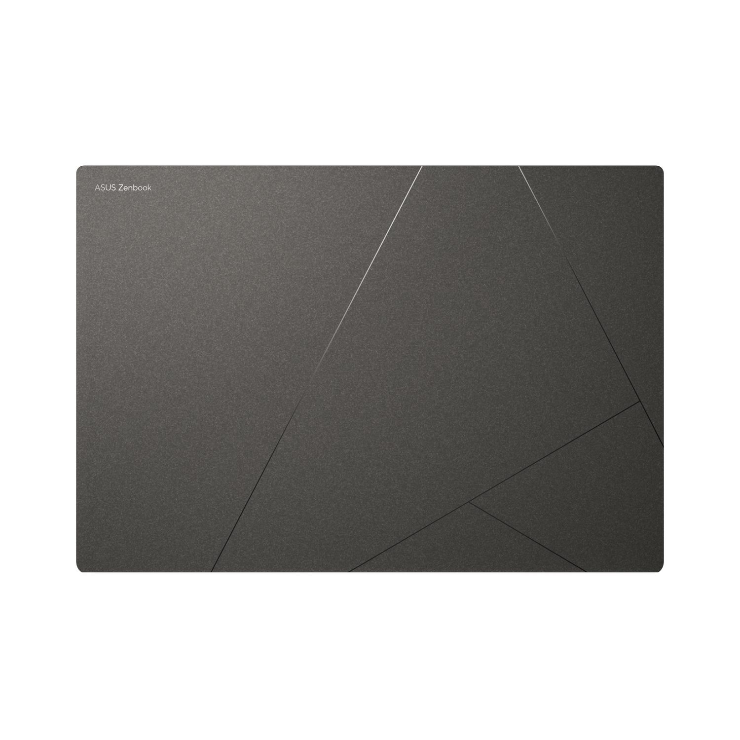 Portátil gris oscuro con líneas geométricas y el logotipo ASUS Zenbook. Un diseño moderno y minimalista sobre fondo blanco.