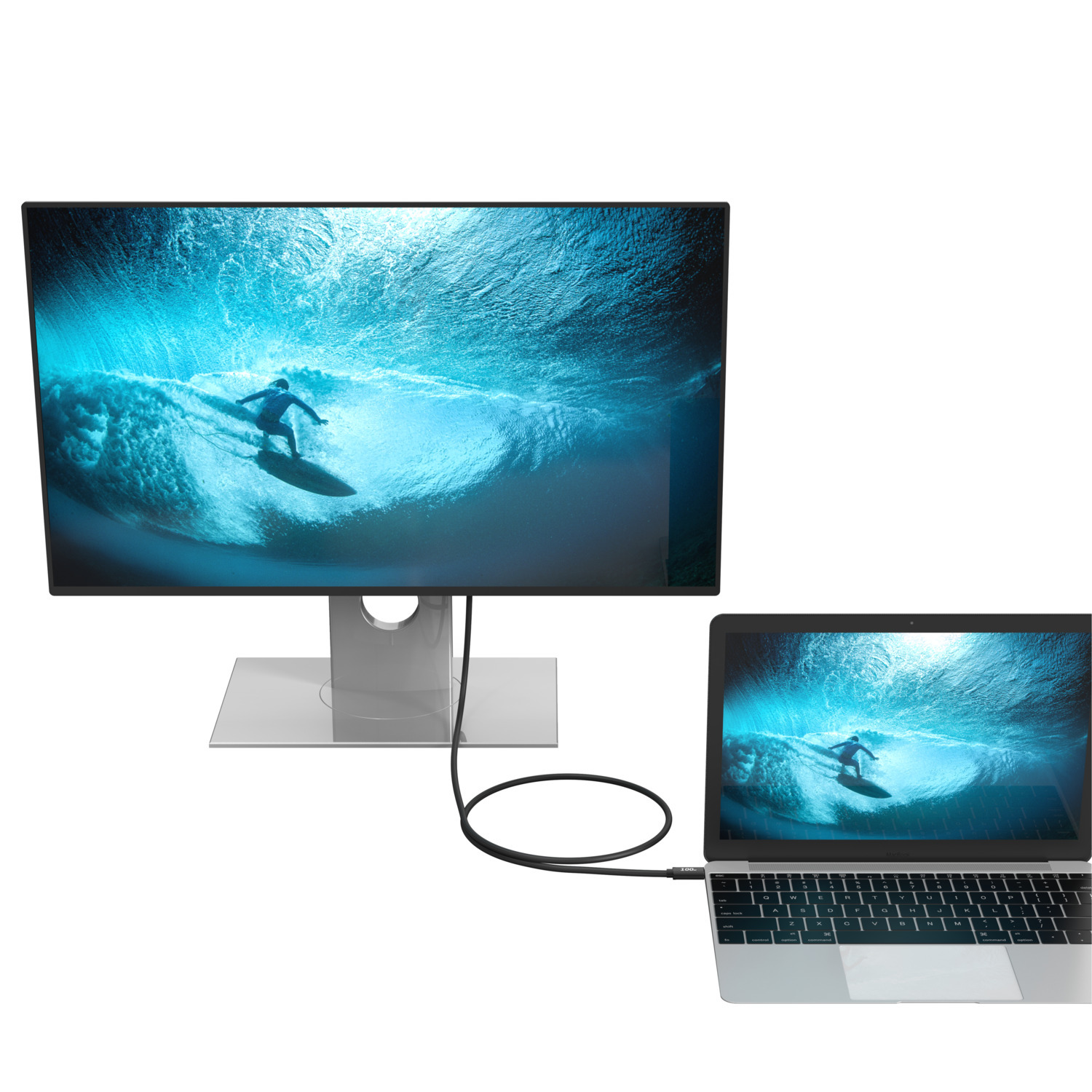 Un moniteur relié à un ordinateur portable. Le moniteur affiche un surfeur sur une vague. Un câble noir les relie.