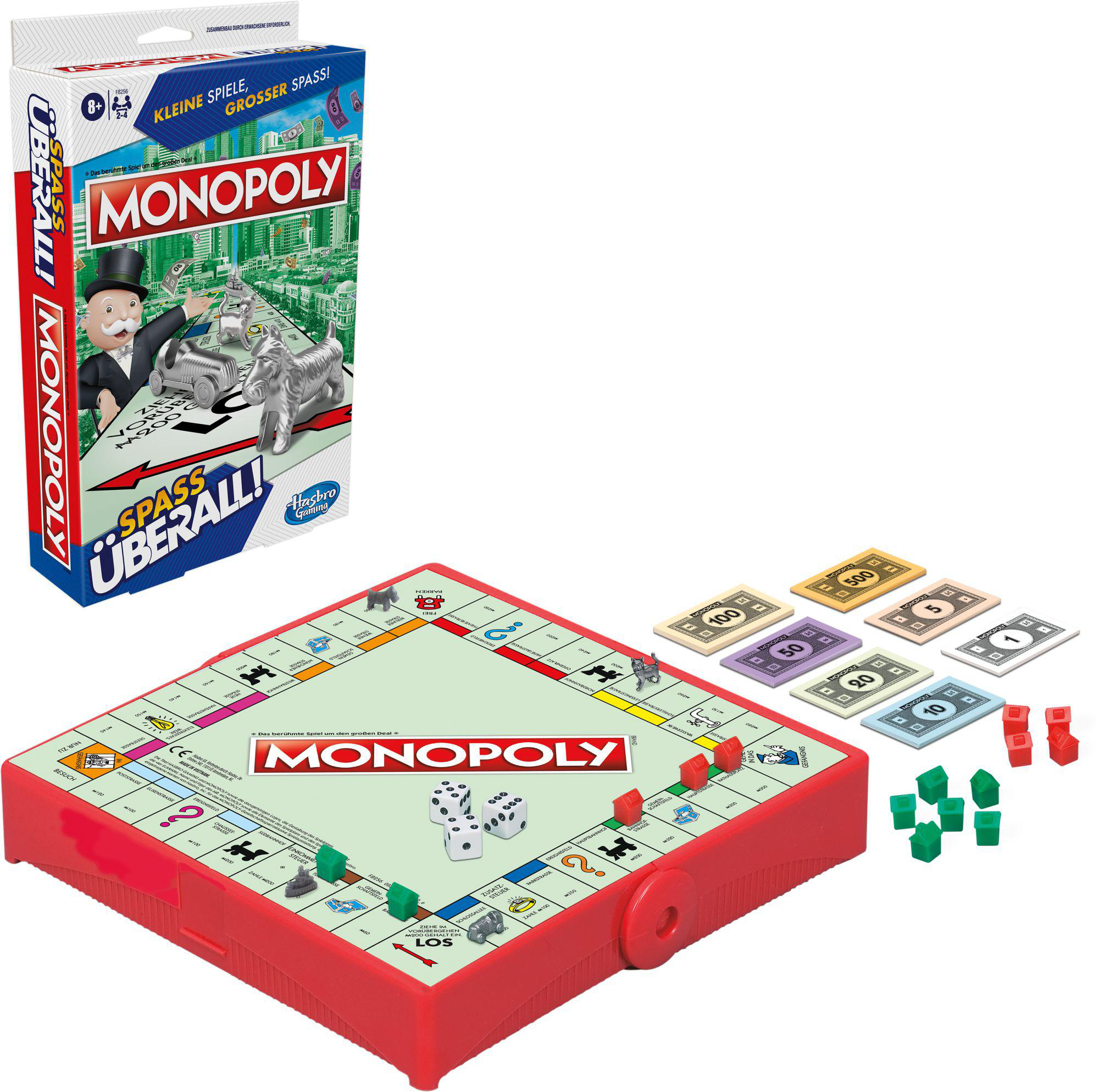 Monopoly-Brettspielset mit Schachtel, Würfeln und Spielgeld.