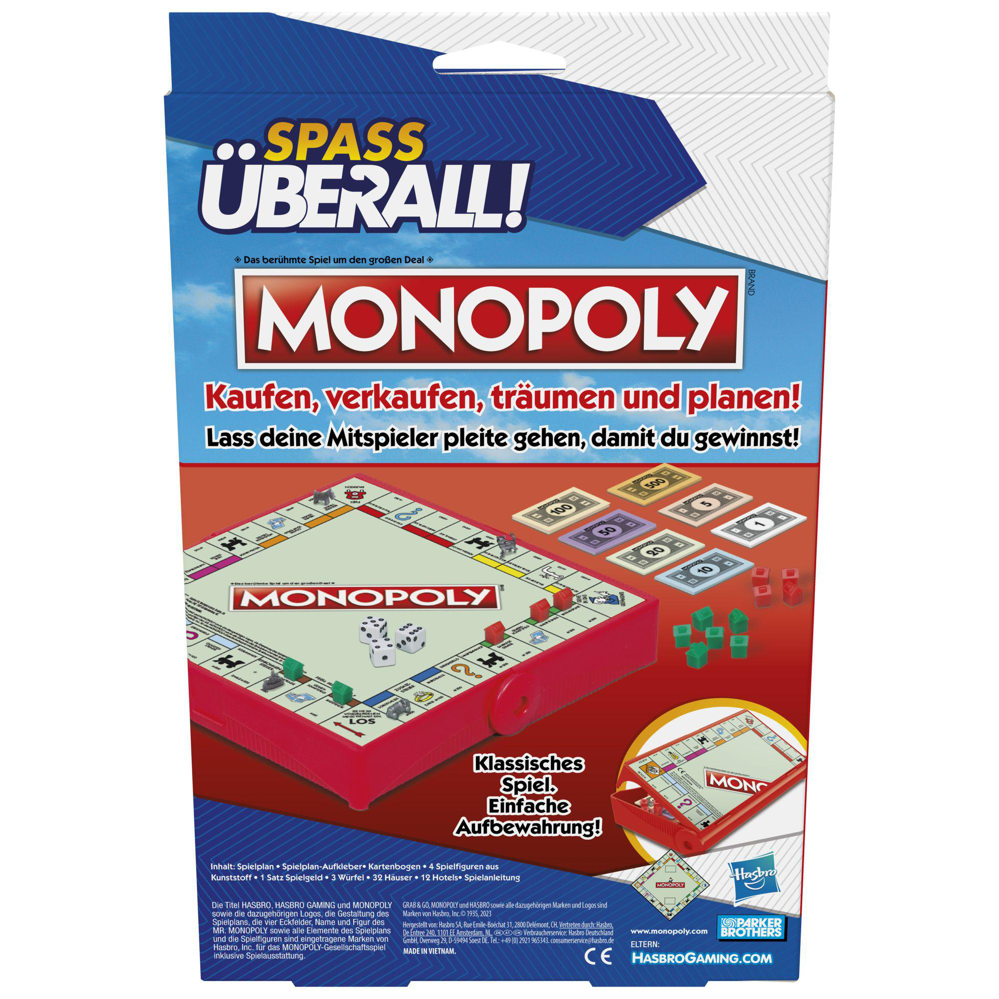 Monopoly-Brettspielkasten. Er ist rot und hat das Monopoly-Logo auf der Vorderseite. Das Spiel ist auf Deutsch.