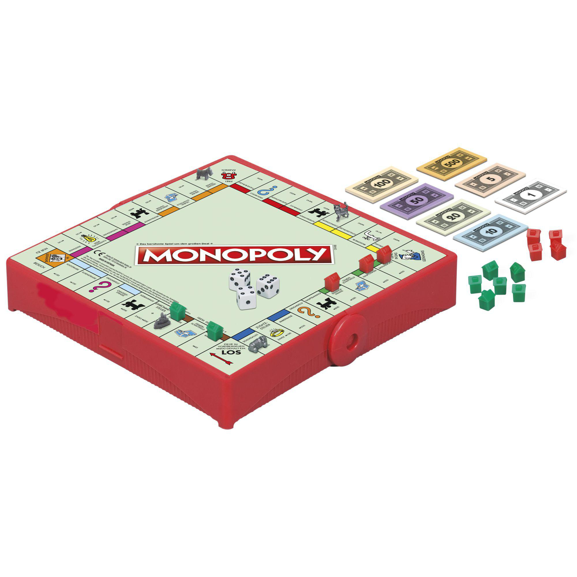 Ein Monopoly-Spielbrett, Würfel, Spielgeld und Häuser auf einem roten Spielbrett. Eine rote Box hält das Board.