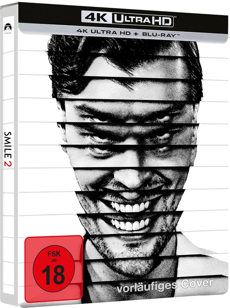 Filmcover: ein Gesicht ist horizontal geschnitten, lächelnd. Rotes FSK 18 Symbol.
