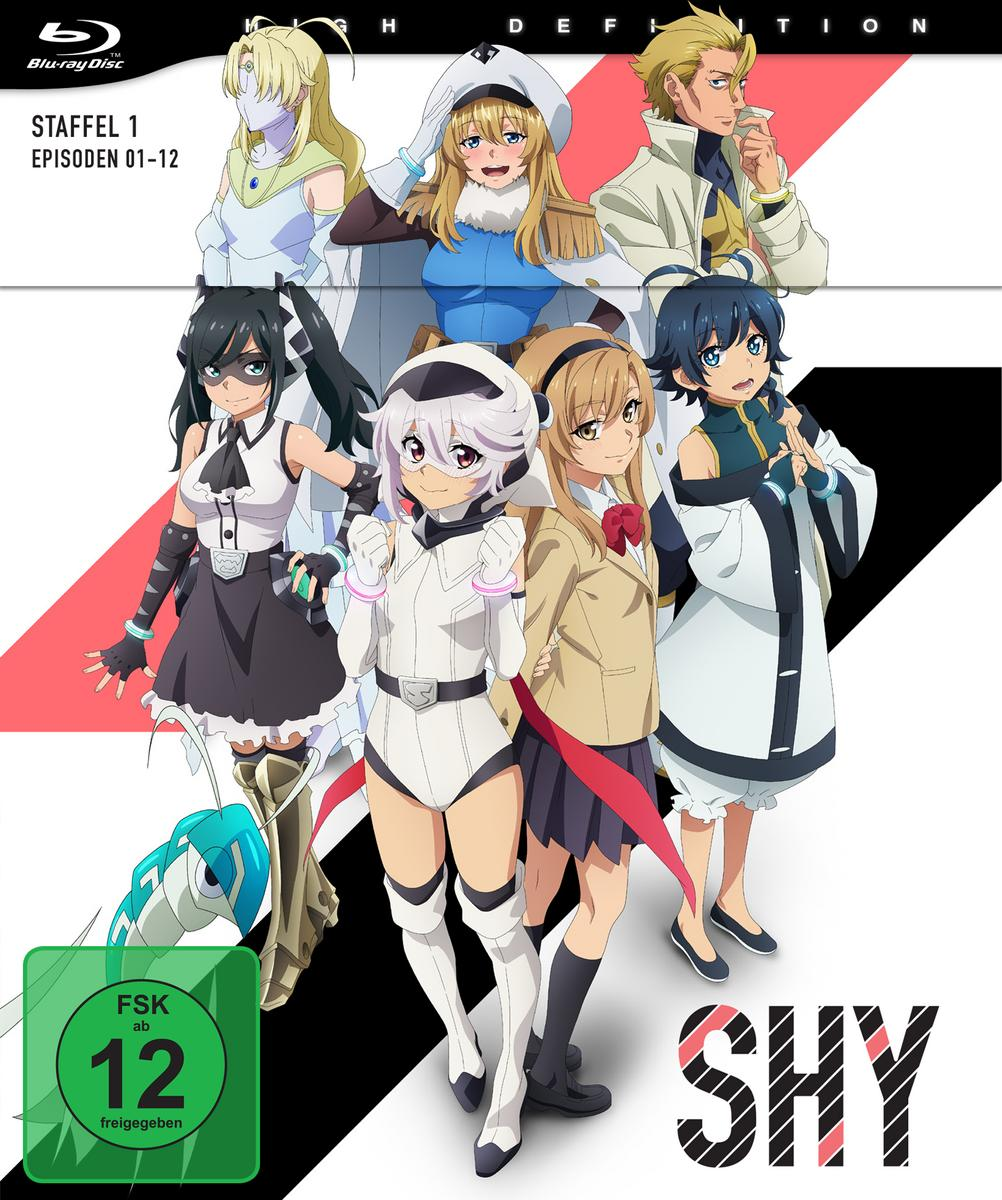 Blu-ray-Disc-Cover für die Anime-Serie SHY. Enthält mehrere Anime-Charaktere in einem farbenfrohen Design.
