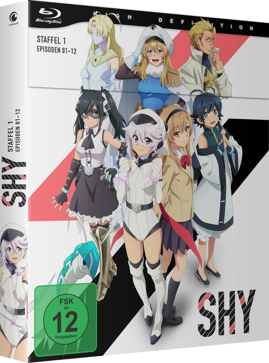 Eine Blu-ray-Disc-Box-Set der Anime-Serie 'SHY' mit mehreren Zeichentrickfiguren.
