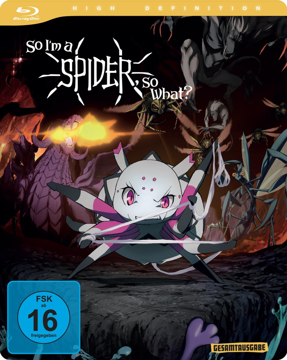 Anime-DVD-Cover: ein spinnenartiger Charakter mit anderen Charakteren und Text auf schwarzem Grund.