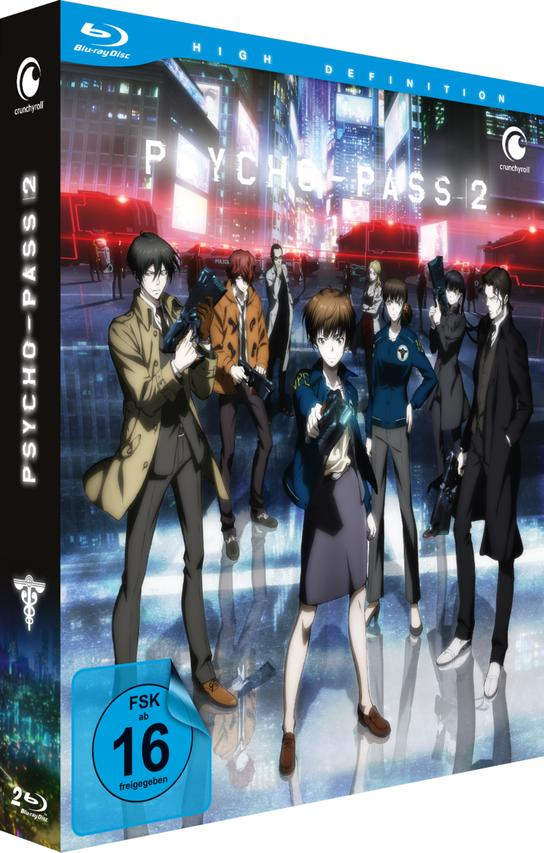 Das Cover der Blu-ray Disc für Psycho-Pass 2. Enthält Charaktere und einen Stadt-Hintergrund.