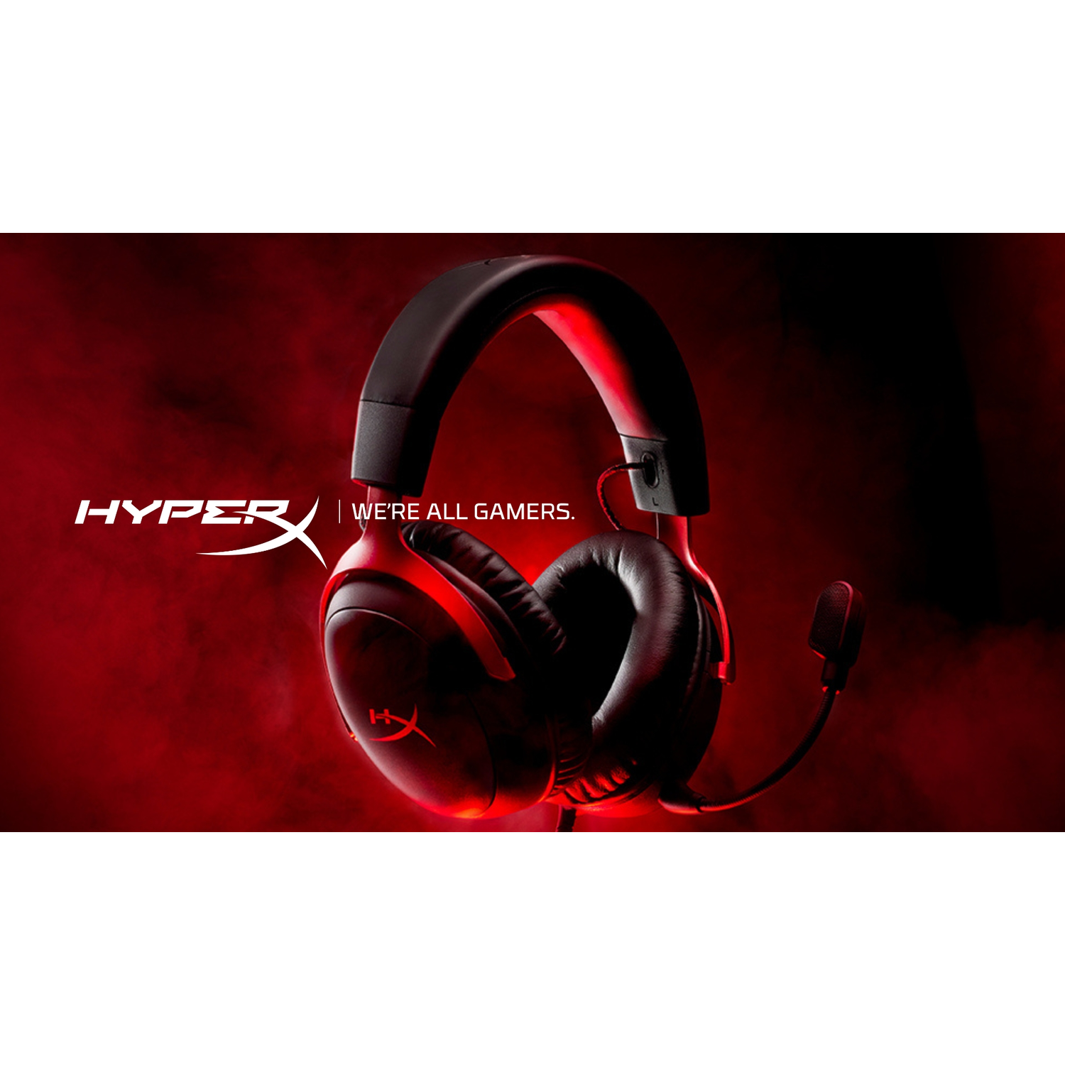 Rode en zwarte HyperX gaming-hoofdtelefoon met een microfoon, het merklogo is zichtbaar.