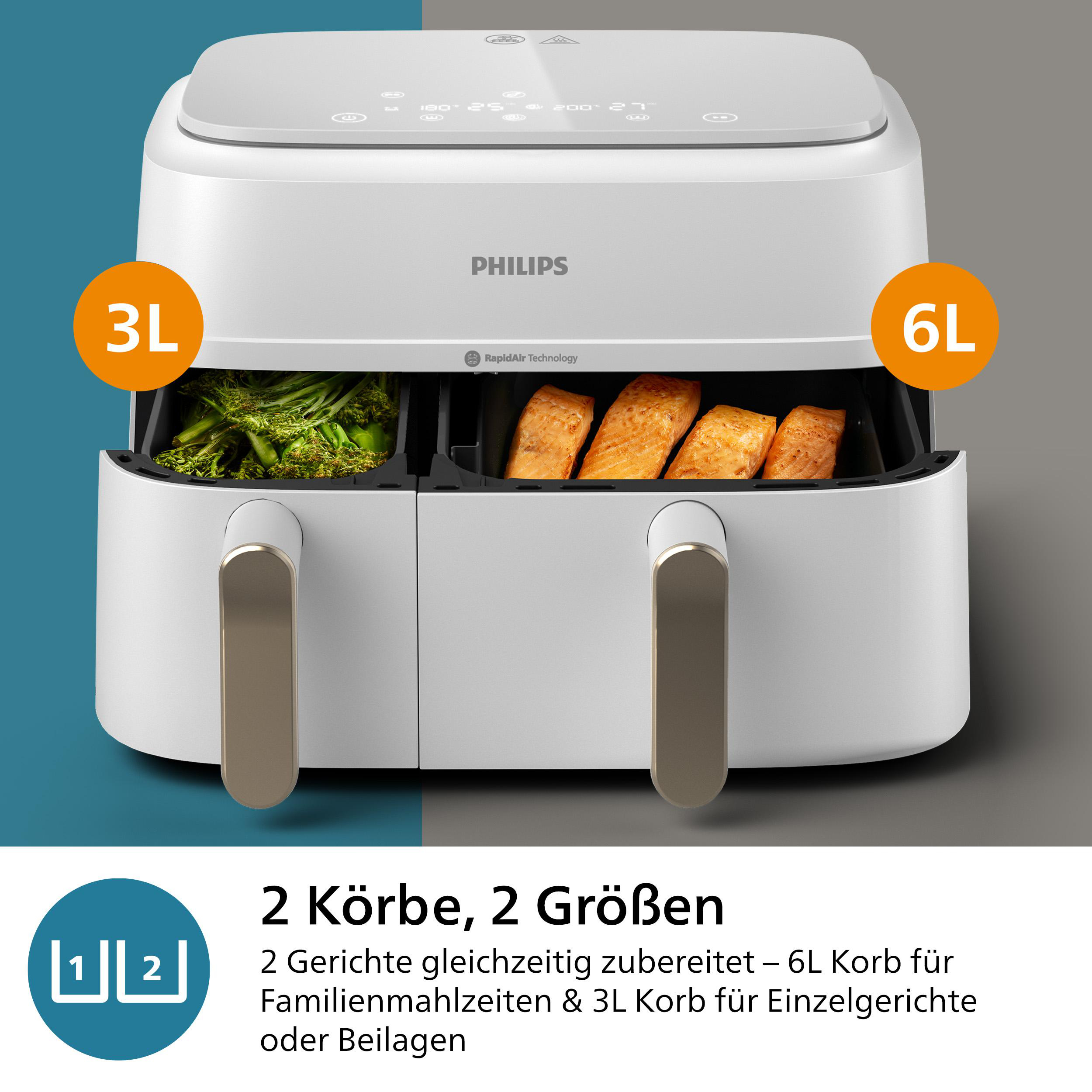 Eine weiße Heißluftfritteuse mit zwei Fächern. Eines hat Brokkoli, das andere Lachs.