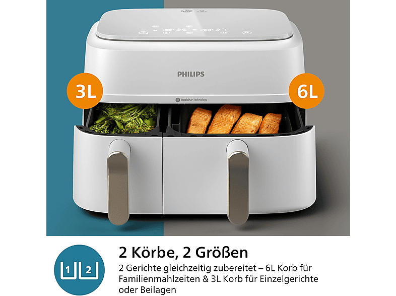 PHILIPS NA353/10 Airfryer 3000 Series Dual Basket 9L Kapazität (3L+6L) Heißluftfritteuse