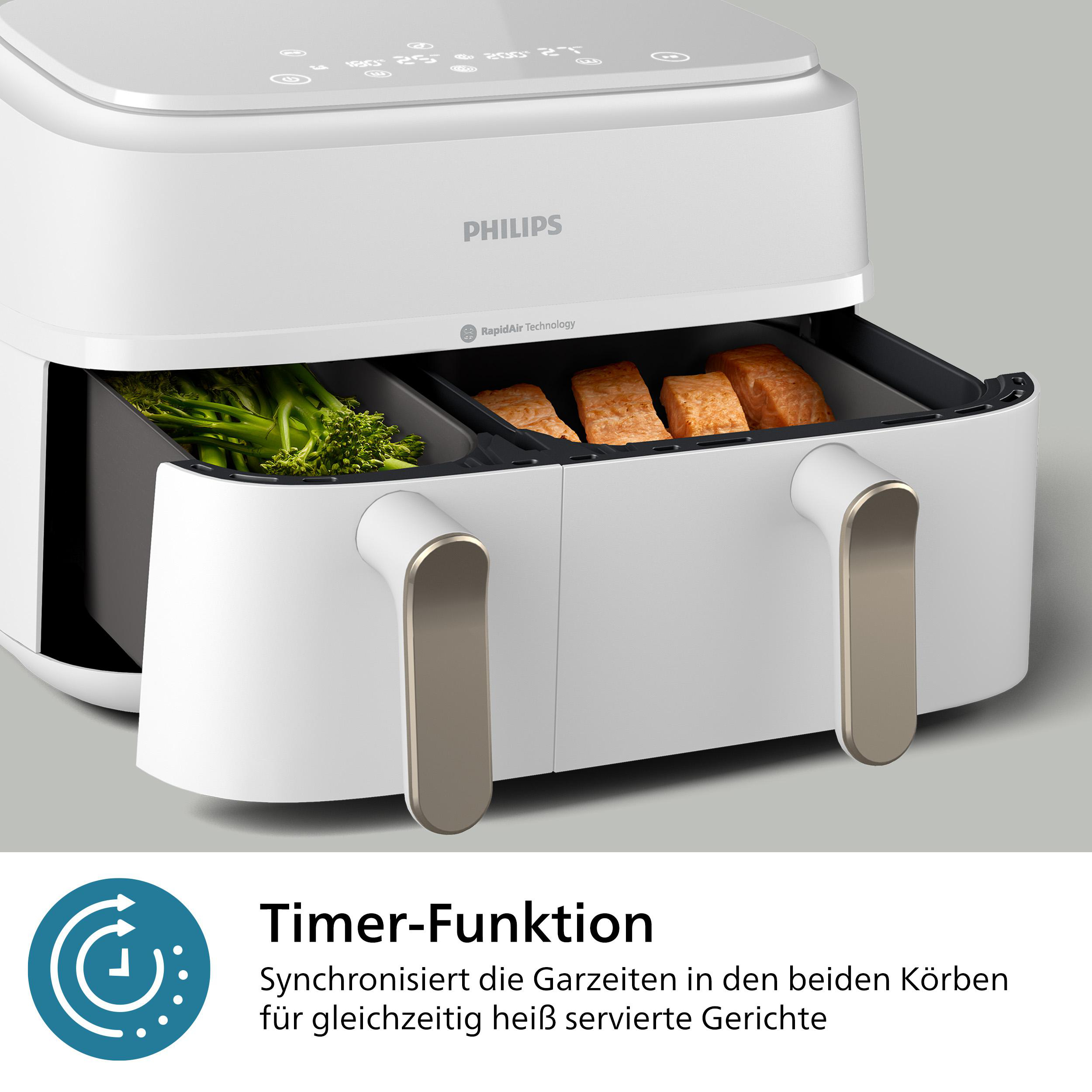 Weißer Philips Airfryer mit Essen in Schubladen, Timer-Funktion.