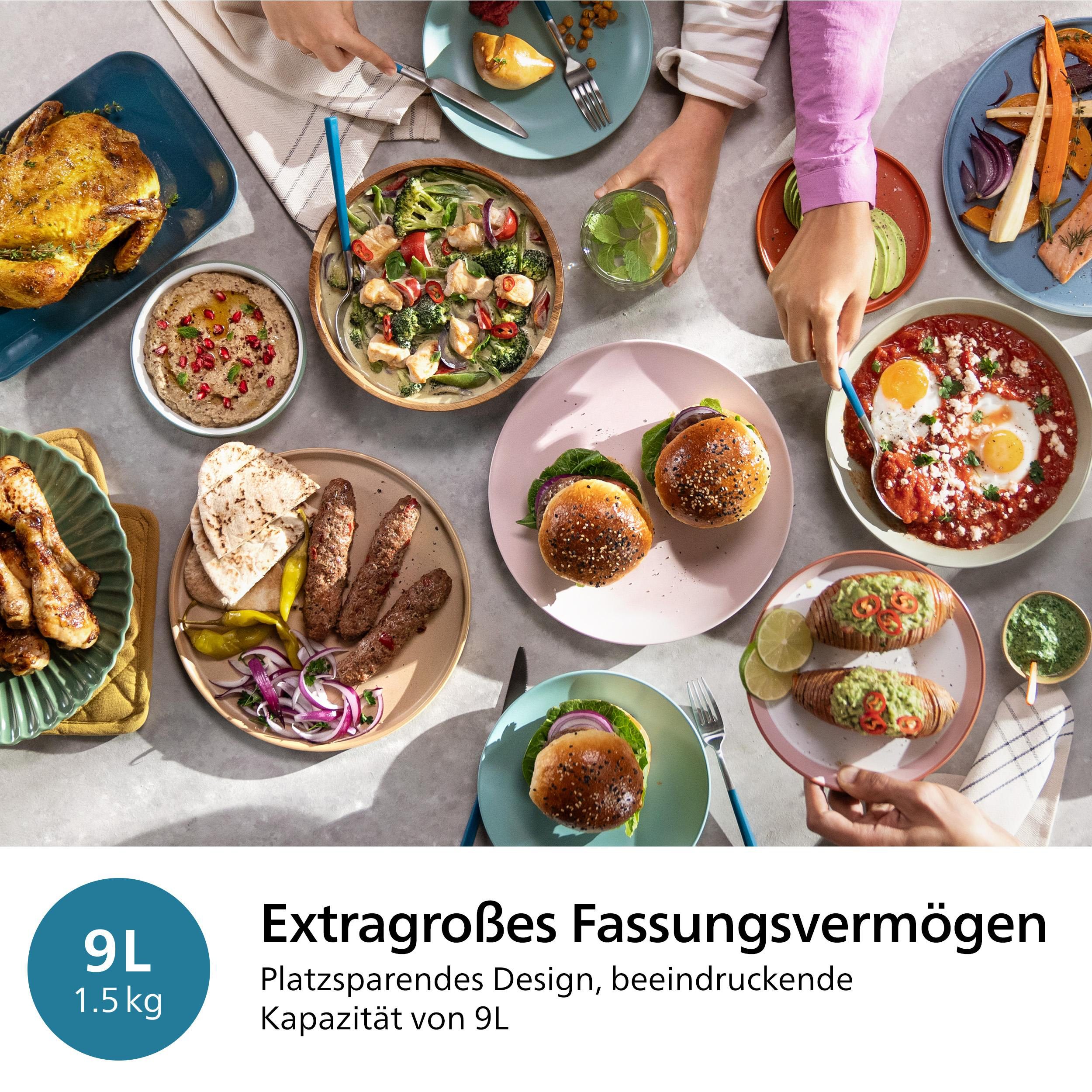 Tisch mit verschiedenen Gerichten gedeckt: Brathähnchen, Burger, Hummus, Salate und Hände, die nach Essen greifen.