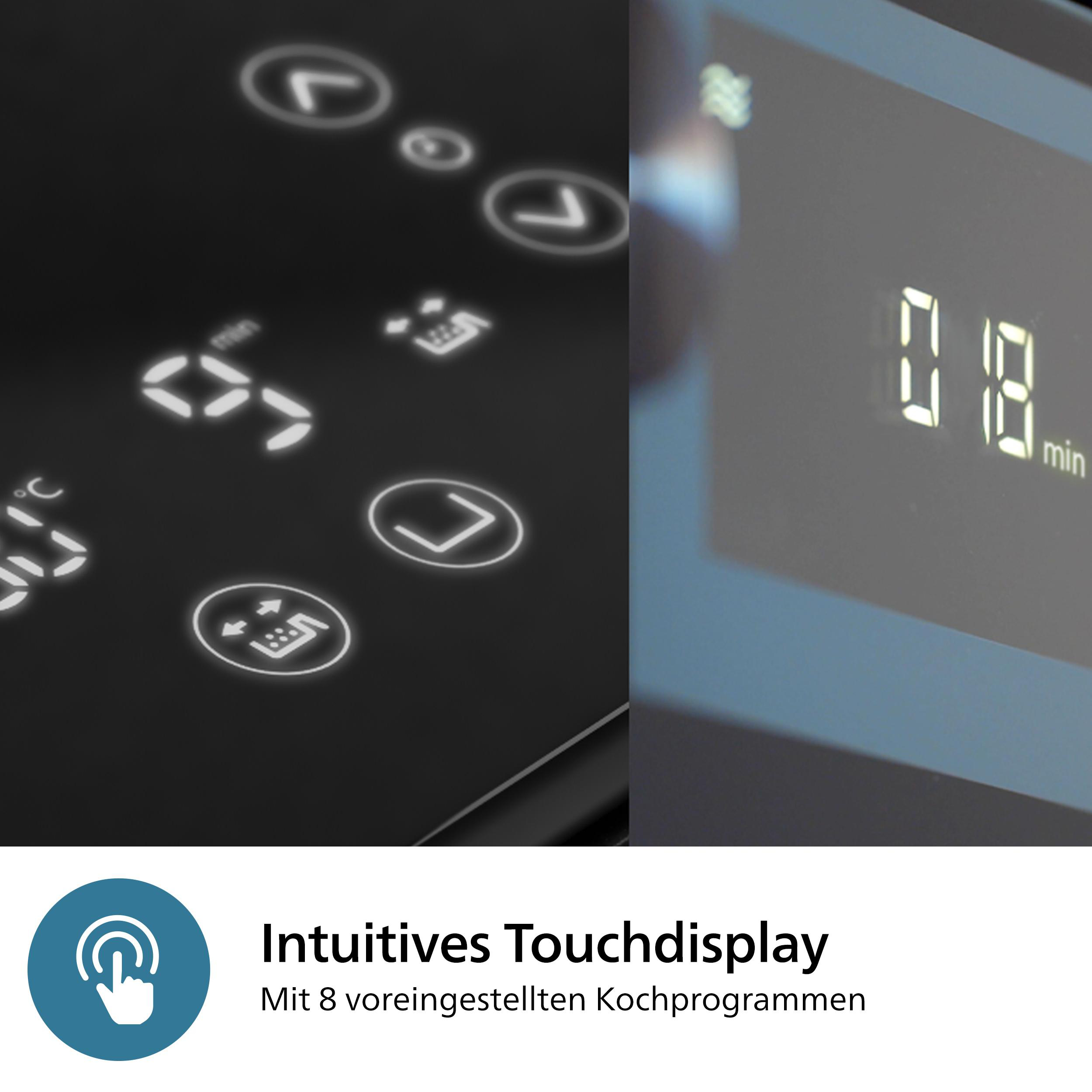 Nahaufnahme eines schwarzen Touchscreens mit weißen Symbolen und Zahlen.